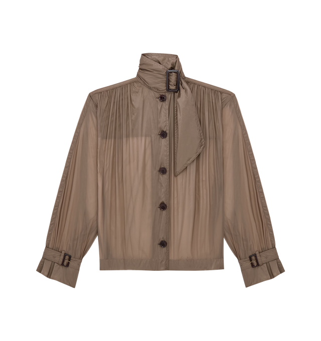 Image 1 of 2 - BROWN - SAINT LAURENT Lavallire Blouse in nylon sheer featuring a buckled lavallire collar, exaggerated shoulders, strapped cuffs, front button closure, strapped cuffs and shoulder boning. 100% nylon. Made in Italy.