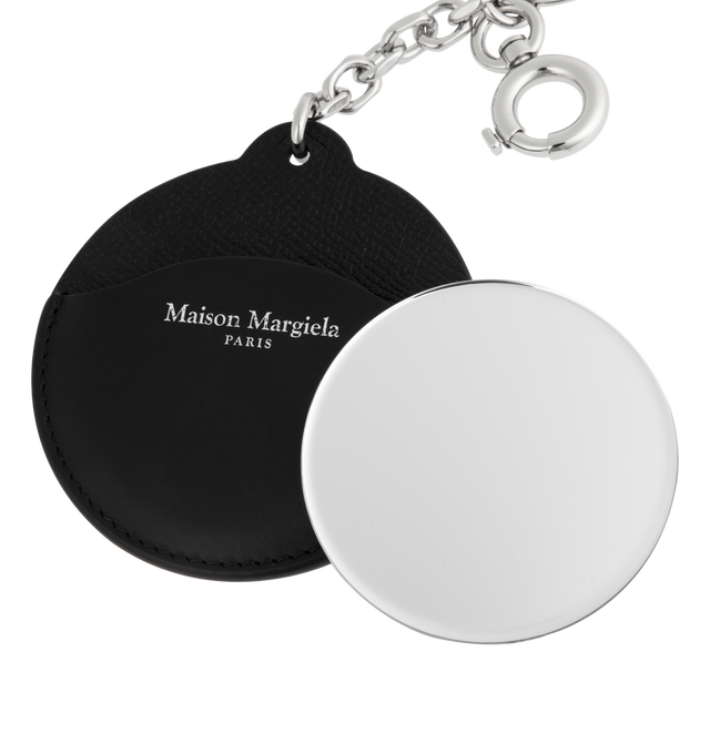 Image 3 of 3 - BLACK - MAISON MARGIELA Circular Keychain featuring grained and buffed calfskin keychain, slot with removable mirror, logo embossed at face, stitching at back face and clasp and keyring at top. H3.25 x W3.25. Calfskin. Made in Italy.  