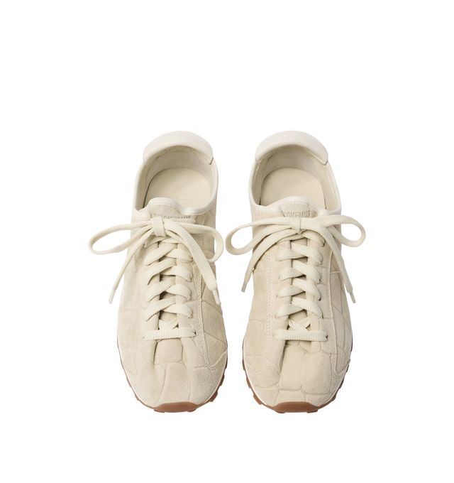 Image 4 of 4 - WHITE - JACQUEMUS Tennis Sneaker featuring soft crocodile-embossed suede, almond-shaped toe, flat laces, embossed logo on the tongue, embossed logo on the heel tab, removable leather-covered insole and rubber outsole in a round and square shape. 100% calf leather. Outsole: 100% thermoplastic polyurethane. Made in Portugal. 