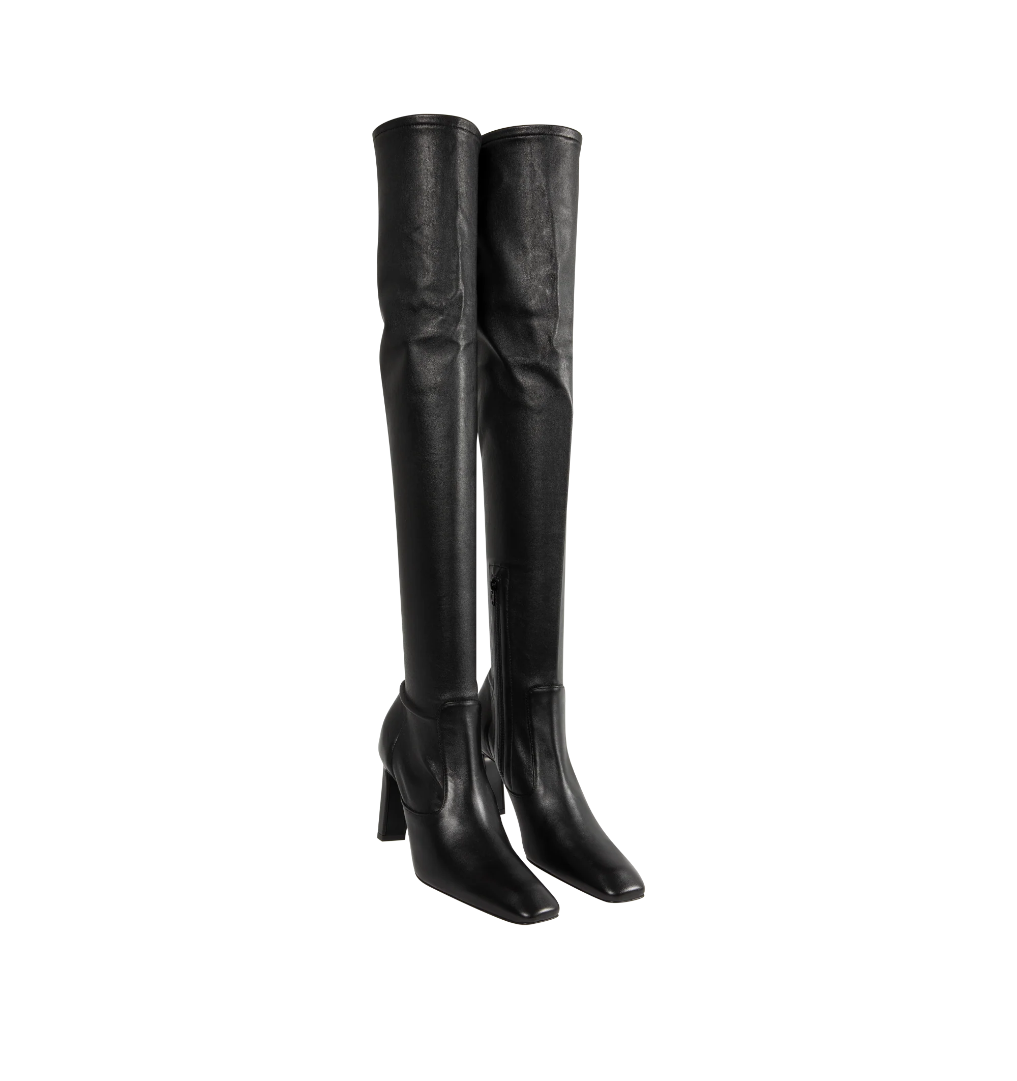 Image 2 of 4 - BLACK - Toteme Women's Nappa Over-the-Knee Boots are crafted from soft stretch Nappa leather and feature a contoured, second-skin silhouette that extends above the knee. Designed with a short side zipper and stretch neoprene lining for a close fit, these designer boots are set on a sculptural bar-shaped, set-back heel and finished with a leather insole and sole. Main Material: 100% Lamb Leather. Lining: 100% Sheep Leather. Sole: 100% Cow Leather. Heel Height: 85 mm / 3.3 in. Closure: Side Zip