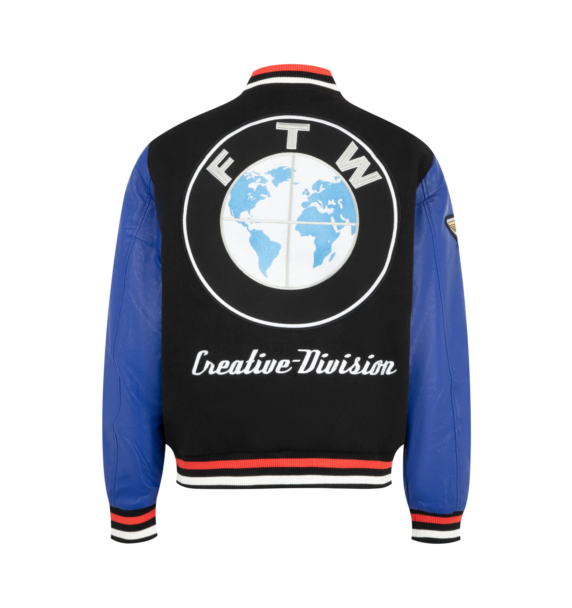 Image 2 of 4 - MULTI - Market Men's Sponsorship Varsity Jacket is crafted from premium materials and features a classic varsity silhouette with a snap-button front, ribbed striped trims, side pockets, and embroidered Sponsorship-inspired graphics throughout. This designer varsity jacket combines vintage athletic influences with Market's signature playful streetwear aesthetic, creating a standout layering piece for everyday wear. Premium Fabric Blend. Shell: 50% Polyester; 50% Wool; Sleeves: Synthetic Leathe 