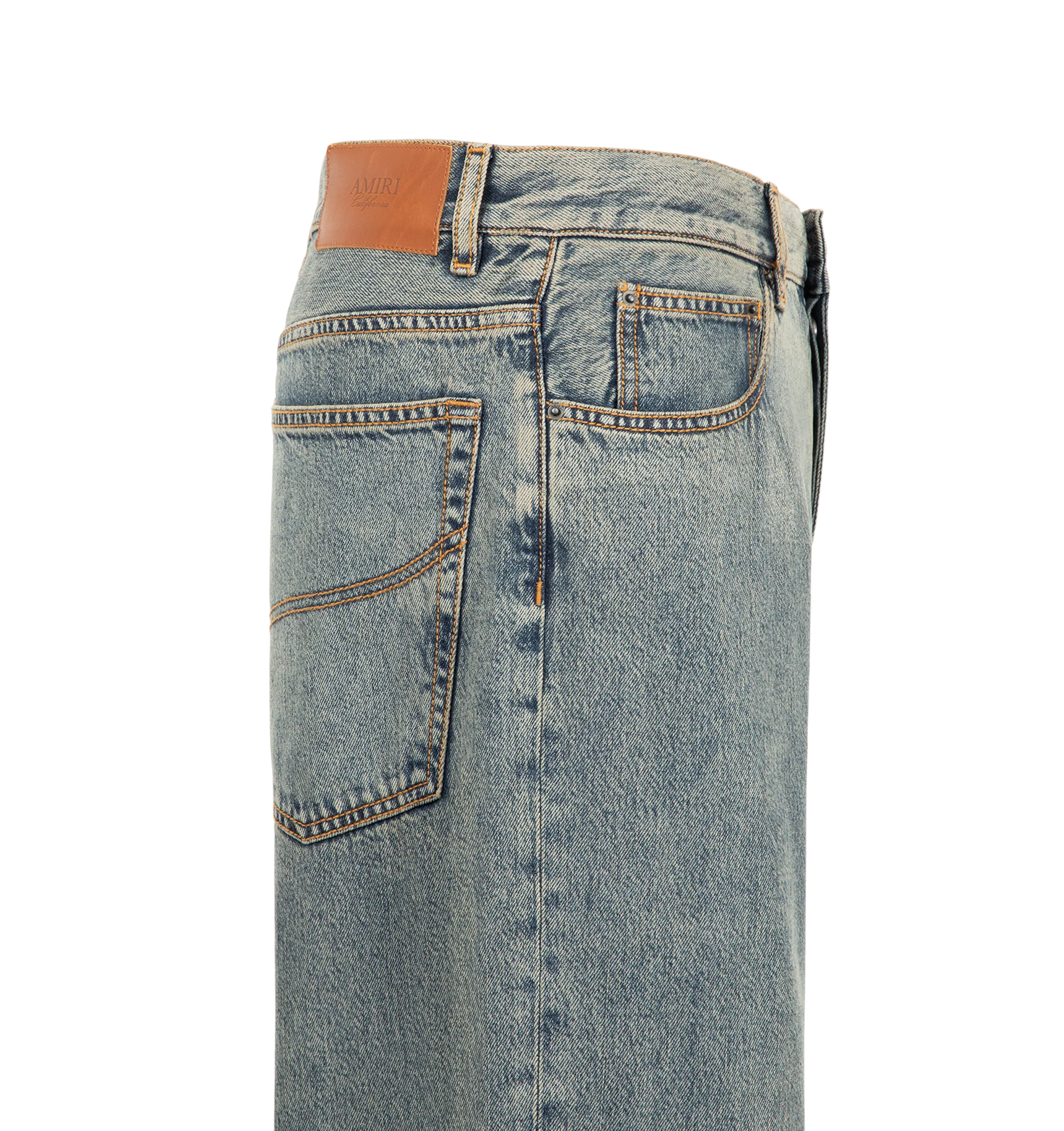 Image 3 of 3 - GREY - Amiri Men's Loose-Fit Jeans are crafted from indigo blue cotton denim with a washed finish. Cut for a loose fit, they feature classic five-pocket styling, a rear logo patch, belt loops, and a button-and-zip fly. Main Material: 100% Cotton. 