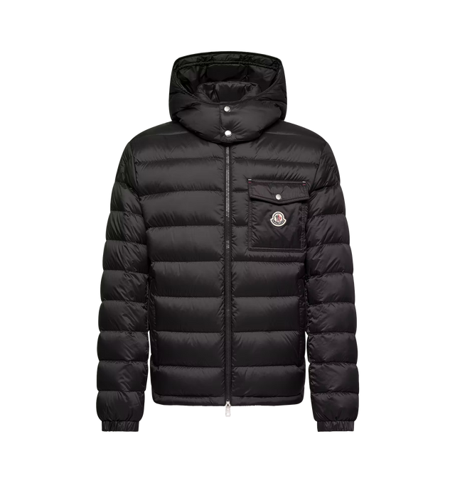 Image 1 of 1 - BLACK - Moncler Verith Hooded Short Down Jacket featuring nylon technique lining, down-filled, detachable and adjustable hood, zipper closure, zipped pockets, chest pocket with snap button closure, inside pocket with zipper closure, tricolor accent and logo patch. 100% polyamide/nylon. Padding: 90% down, 10% feather. Made in Italy.