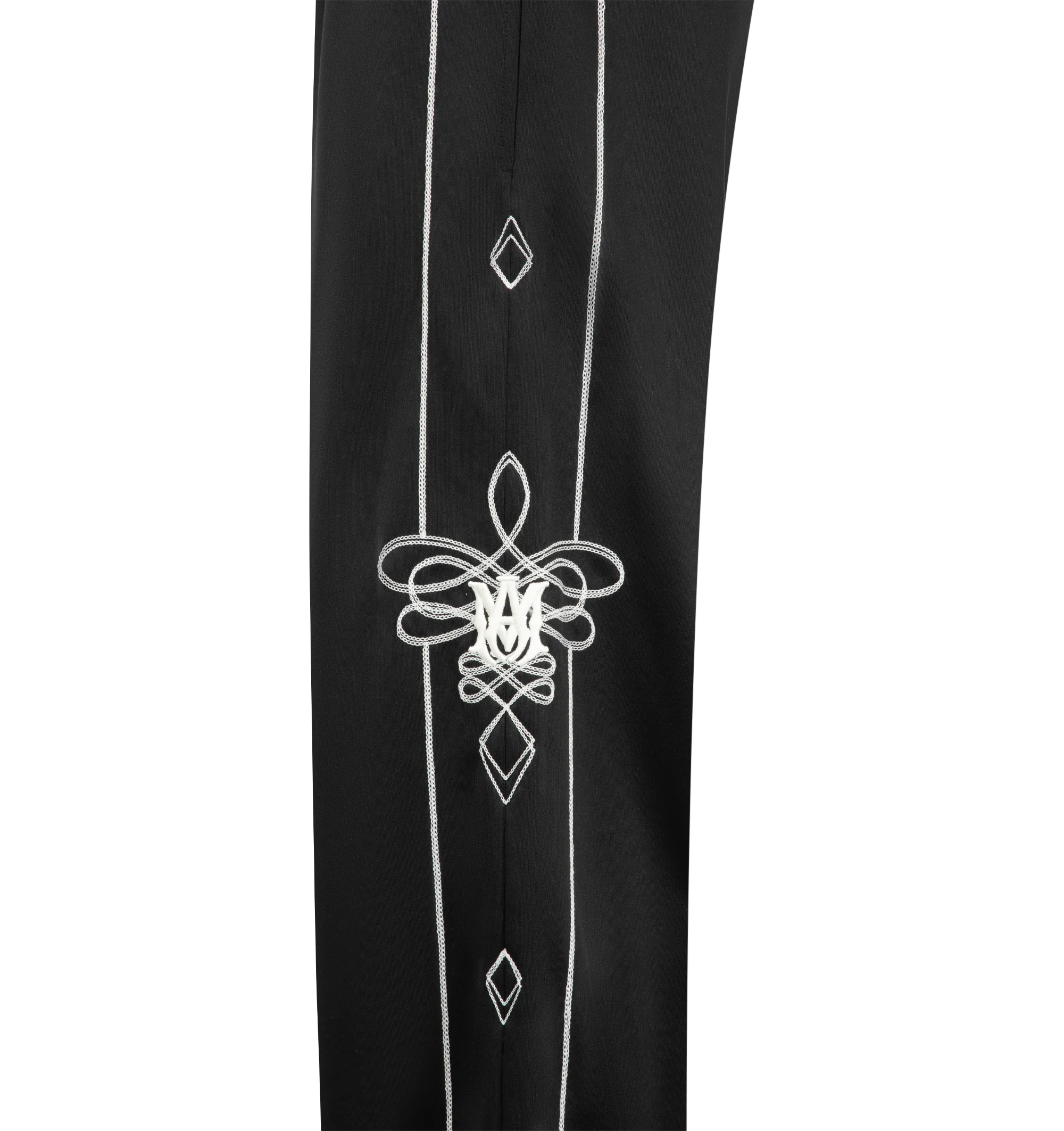 Image 4 of 4 - BLACK - Amiri Men's Lasso Wide-Leg Track Pants are crafted from lightweight polyester and feature a relaxed wide-leg silhouette for effortless comfort and style. Custom contrast embroidery at the knees and subtle linear piping along the outer legs add distinctive detail, while an elasticized drawstring waistband and side-seam pockets enhance everyday functionality. Material: 100% Polyester.