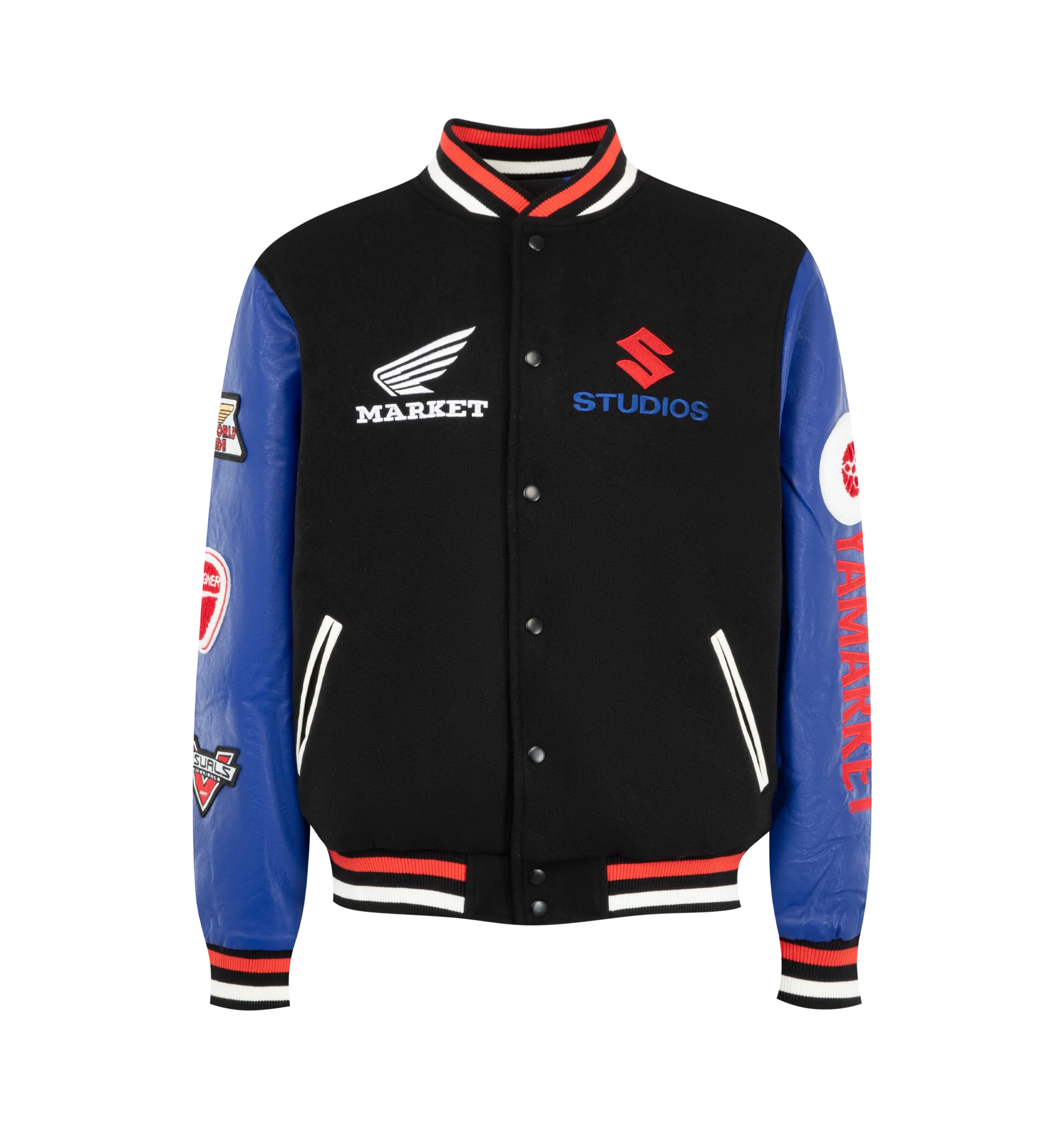 Image 1 of 4 - MULTI - Market Men's Sponsorship Varsity Jacket is crafted from premium materials and features a classic varsity silhouette with a snap-button front, ribbed striped trims, side pockets, and embroidered Sponsorship-inspired graphics throughout. This designer varsity jacket combines vintage athletic influences with Market's signature playful streetwear aesthetic, creating a standout layering piece for everyday wear. Premium Fabric Blend. Shell: 50% Polyester; 50% Wool; Sleeves: Synthetic Leathe