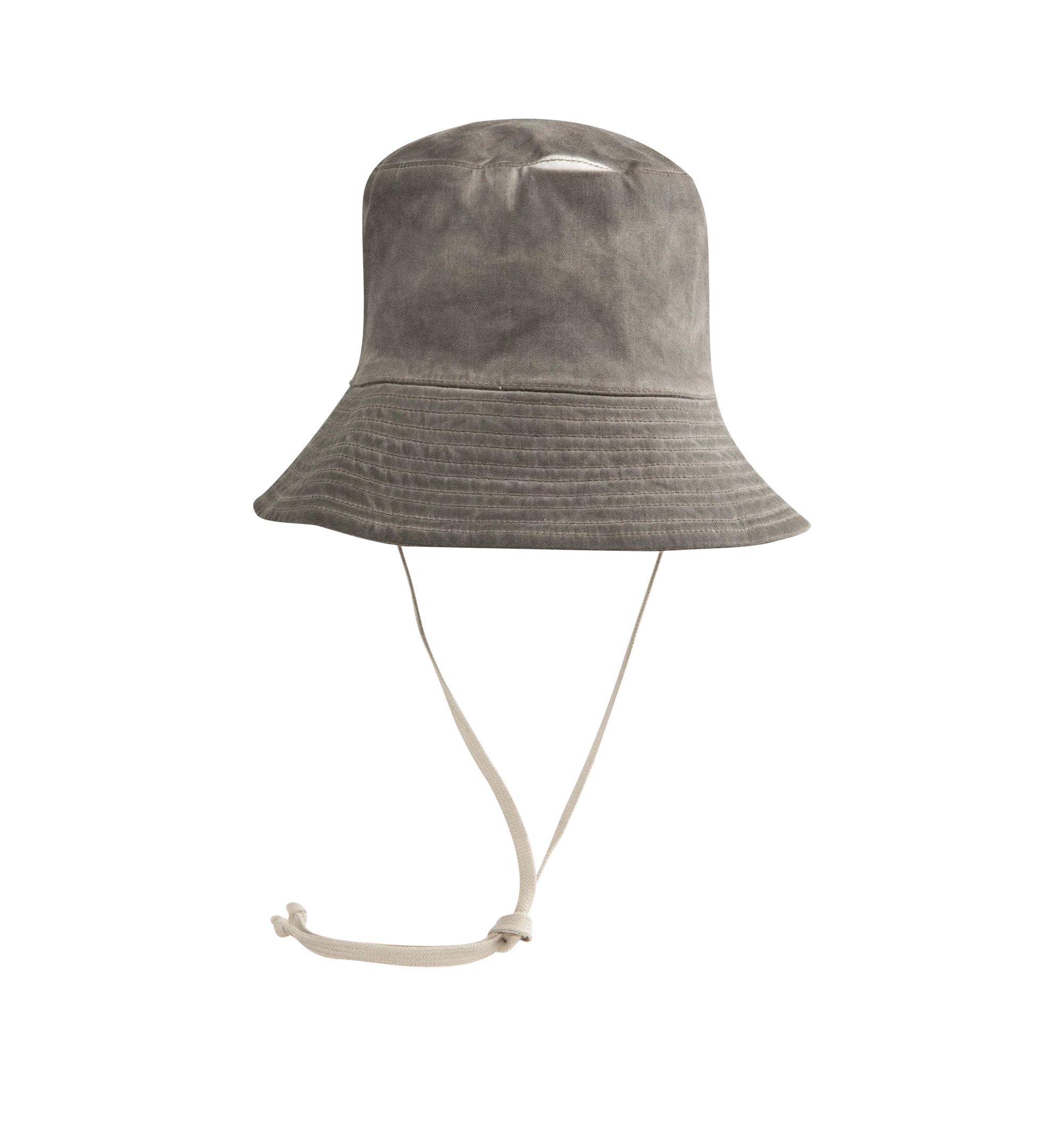 Image 1 of 2 - GREY - Rick Owens DRKSHDW Gilligan Hat is crafted from foil-treated stretch denim and features the brand's signature bucket hat silhouette with a worn-in, garment-dyed finish. Designed with fading throughout, topstitch detailing, quilted trim, and a self-tie chin strap, the hat reflects the labes distinctive blend of utilitarian function and avant-garde style. Main Material: 85% Cotton, 10% Polyester, 5% Elastane. Lining: 100% Cotton. Made in Italy.