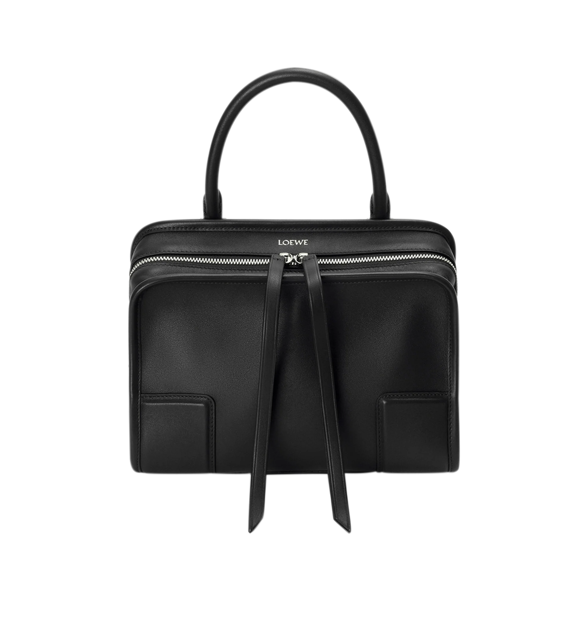 Image 6 of 16 - BLACK - Loewe Small Amazona 180 Bag in leather features a relaxed silhouette anchored by a single toron top handle, designed to be carried open, while a concealed closure secures the main compartment, three carry options: short handle, removable shoulder strap and crossbody, zip closure with two leather zip pullers, two compartments, main compartment closed with magnetic closure, internal flat pocket, left side d-ring for customization, nappa lambskin lining, and embossed double L branding.