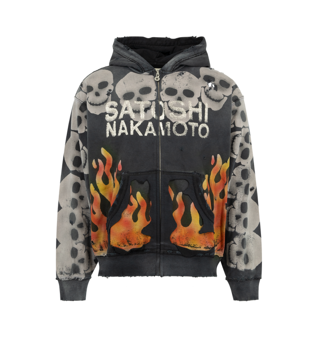 Image 1 of 2 - BLACK - SATOSHI NAKAMOTO Lost Boys Zip Up featuring zip front closure, fixed hood, long sleeves, ribbed hem and cuffs, front pouch pockets and graphic print throughout.