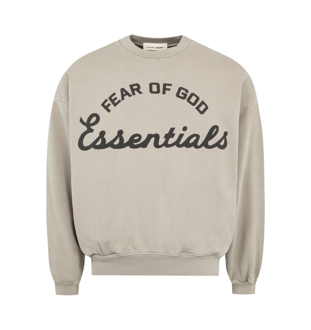 Image 1 of 3 - BROWN - FEAR OF GOD ESSENTIALS Training 90s Crewneck Sweatshirt featuring cotton 390GSM fleece, pigment dyed, puff-printed Fear of God Essentials training logo is branded on the front, rib-knit collar, cuffs, waist-hem and Essentials signature label at the back collar. 100% cotton.