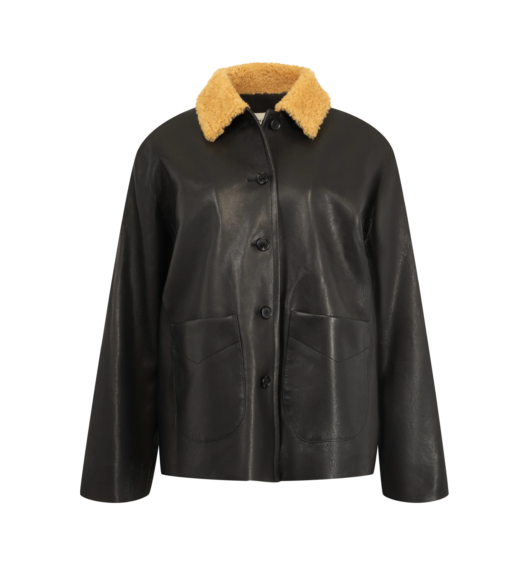 Image 1 of 3 - BLACK - Khaite Women's Wilson Caban Jacket is crafted from robust grained nappa lambskin and features a relaxed caban silhouette inspired by classic workwear. Designed with a curly lambskin shearling collar, button-front closure, graphic stitching, back yoke, quilted lining, duck down insulation, and oversized patch pockets for added functionality. Main Material: 100% Lambskin. Made in Italy.