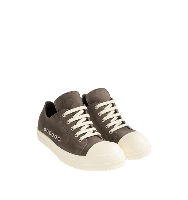 Image 2 of 5 - GREEN - RICK OWENS Extreme Low Sneaks featuring leather upper, lace-up front, ventilating eyelets at side, structured heel and rubber sole. Made in Italy. 