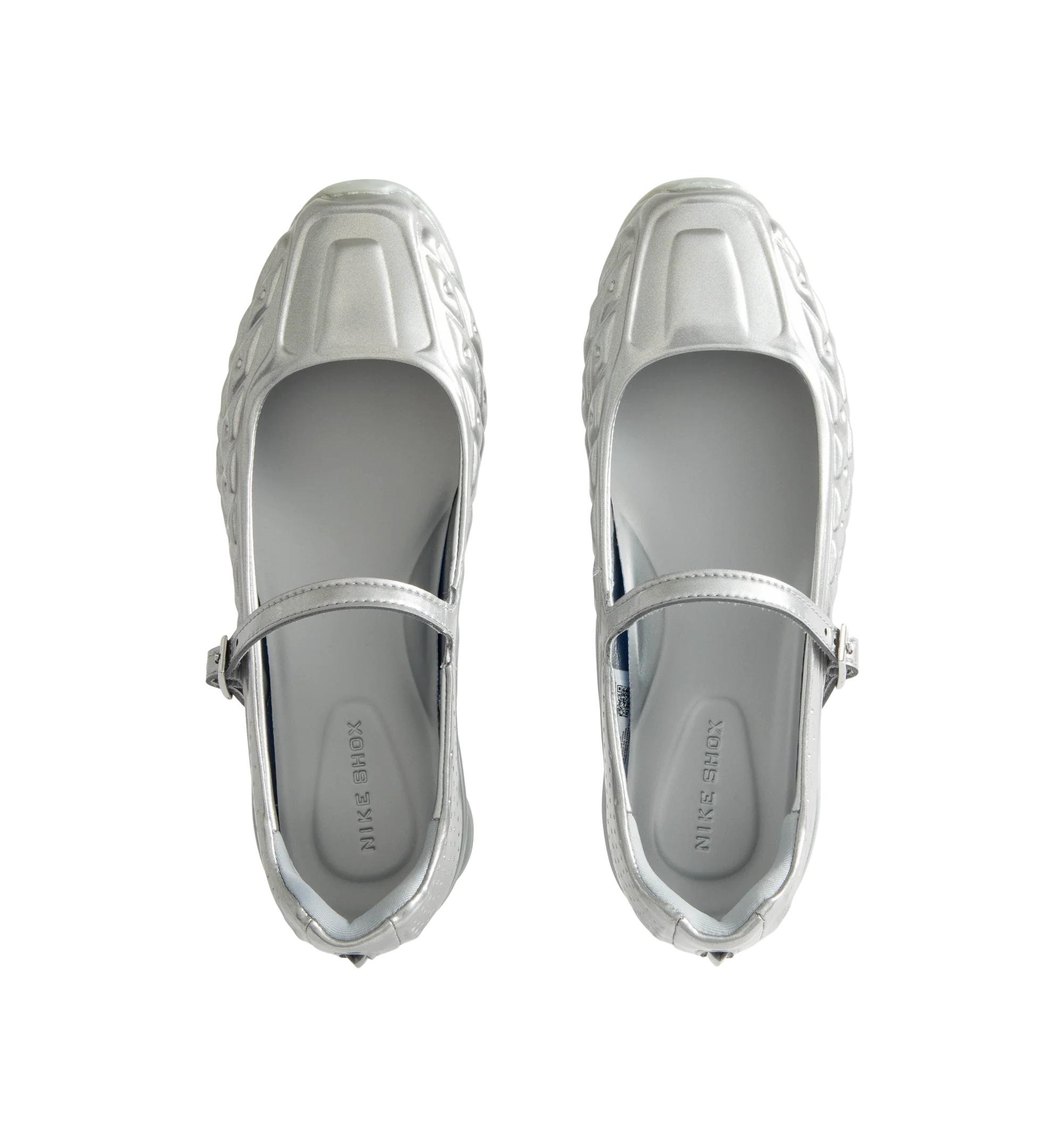 Image 5 of 5 - SILVER - Nike Womens Shox Z Calistra Shoe is a ballet-inspired flat on top of sleek sneaker-inspired heel cushioning. Designed with an adjustable midfoot strap, Nike Shox Z cushioning pillars, signature Nike and Shox branding, and durable rubber outsole. Upper: Synthetic Leather; Cushioning: Nike Shox Z; Outsole: Rubber. Imported
