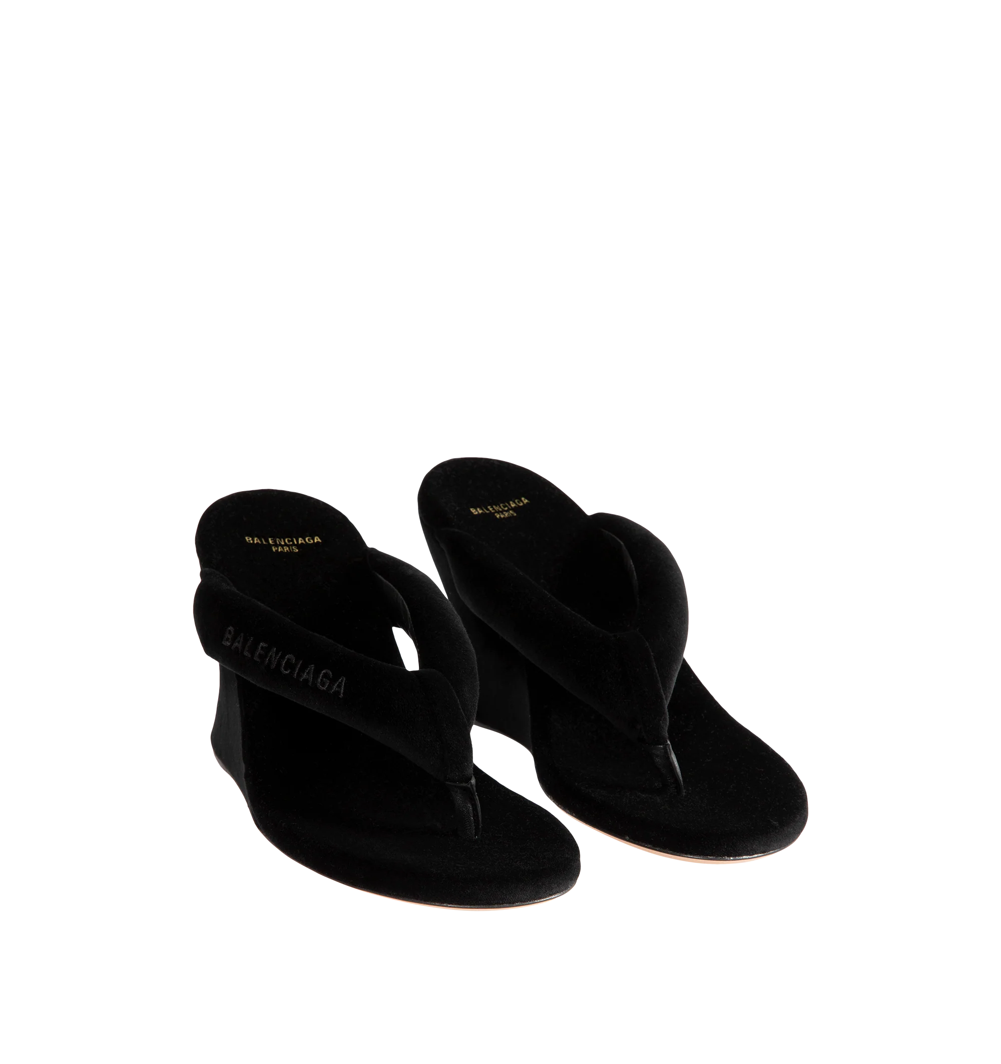 Image 2 of 4 - BLACK - Balenciaga Womens Gaeta Wedge Thong Sandals are crafted from a plush stretch velvet material. Feature a round toe, padded thong strap, slip-on design, 90mm arch wedge heel, and leather sole. Upper: cotton, viscose, elastane, Sole: calfskin, Insole: cotton, viscose, elastane. Made in Italy.