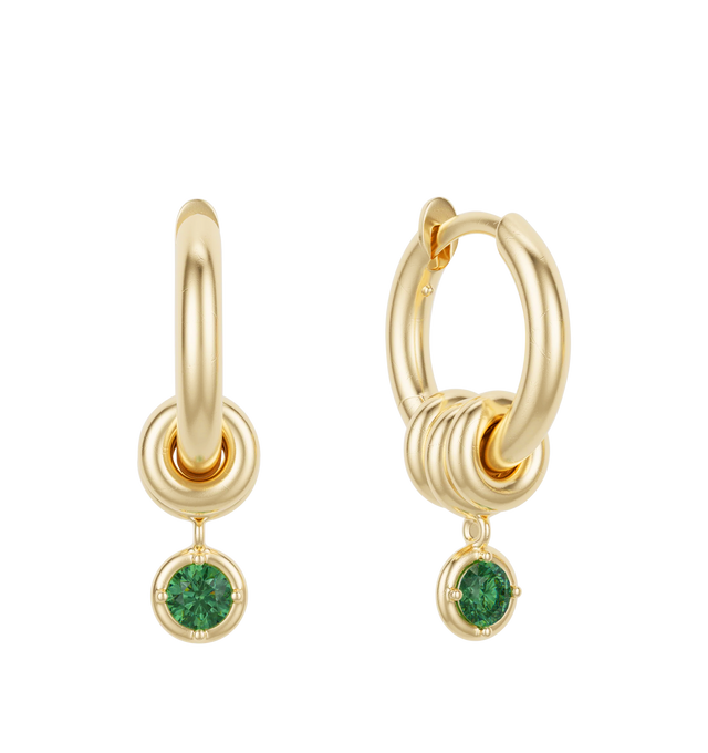 Image 2 of 2 - GOLD - Spinelli Kilcollin Zahra Hoop Earrings display a familiar, streamlined silhouette and comfort closure in 18k gold or .925 sterling silver. Three annulets adorn each hoop, the center of which bears a drop charm for added contrast and movement. Each Zahra Hoop Earring is individually handmade in Los Angeles. Hoops: 18k yellow gold, 2mm gauge, 9mm internal diameter. Stones: Emeralds (approx. 0.22 cttw). Annulets: 18k yellow gold. Sold as a pair. Cheap Luxury Handbag Shop offers a range of pieces from