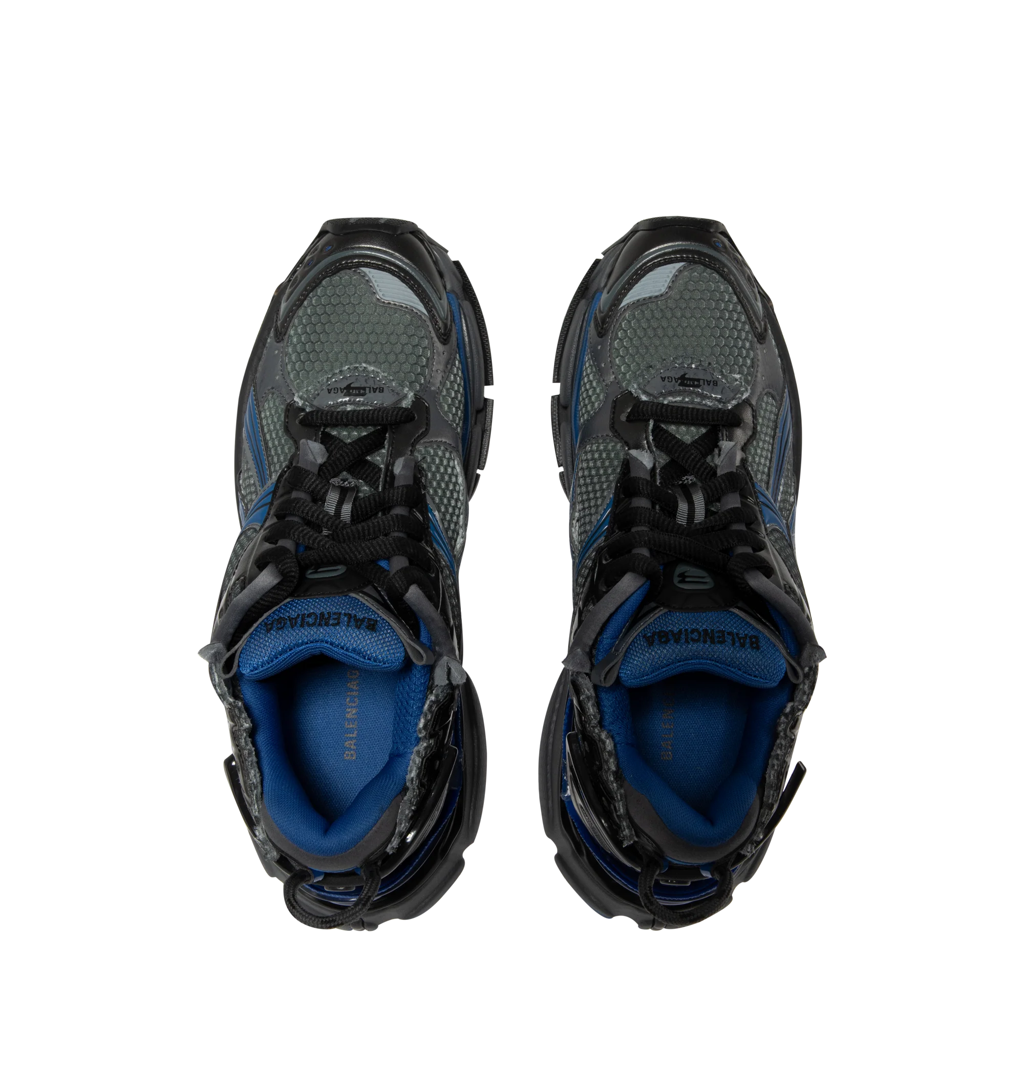 Image 5 of 5 - BLUE - Balenciaga Men's Runner Sneakers are crafted from a leather-free blend of polyurethane and polyester. Feature a worn-in finish, printed size at the toe, debossed size at the heel, printed Runner logo, embroidered logo at the tongue, logo at the back heel, pull tab, and a rubber, TPU, EVA, and polyurethane sole. Main Material: Upper: Polyurethane, Polyester; Sole: Rubber, TPU, EVA, Polyurethane; Insole: Foam. Made in China. 