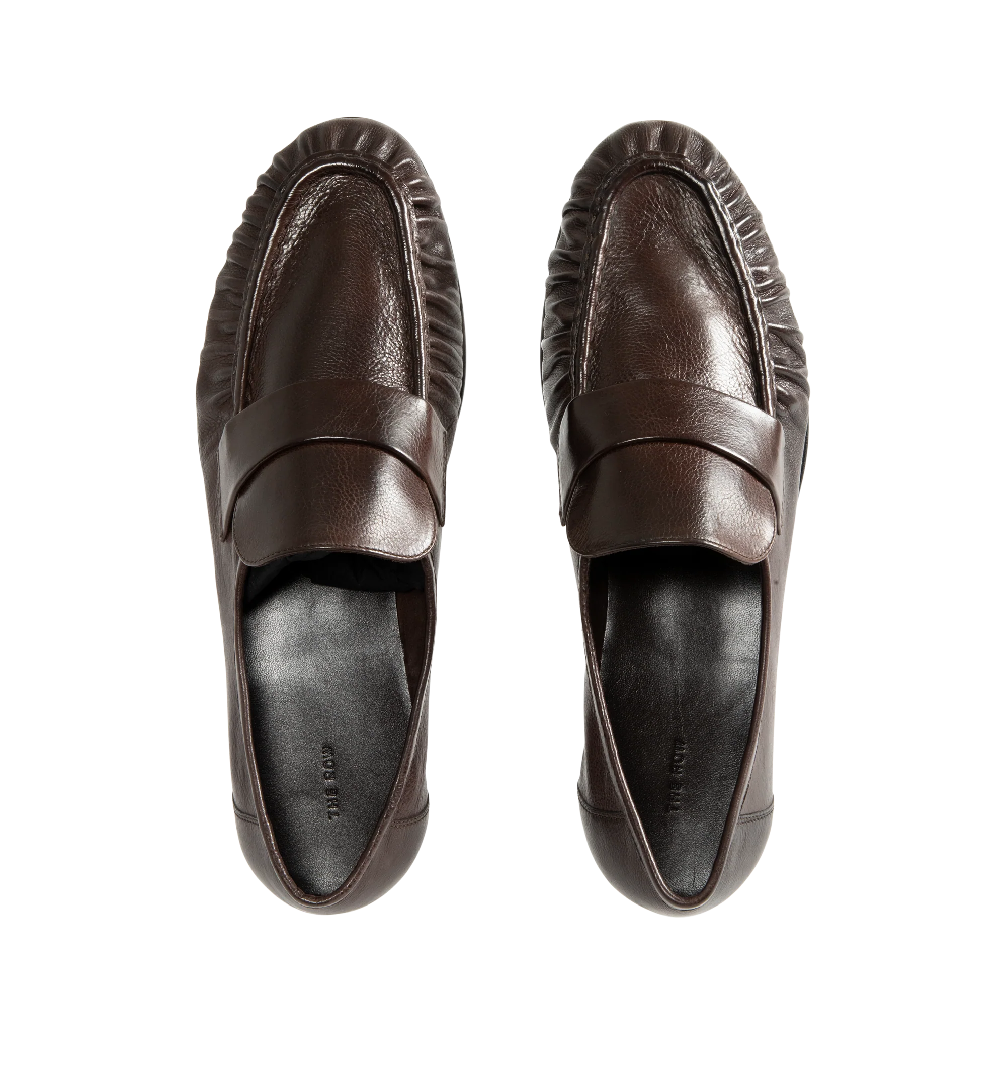Image 4 of 4 - BROWN - The Row Men's Soft Loafers are crafted from supple calfskin leather and feature a refined moc-toe construction with topstitching, gathered detailing, and a classic strap across the vamp. Main Material: 100% Calfskin Leather. Heel Height: 0.75 in. Made in Italy.