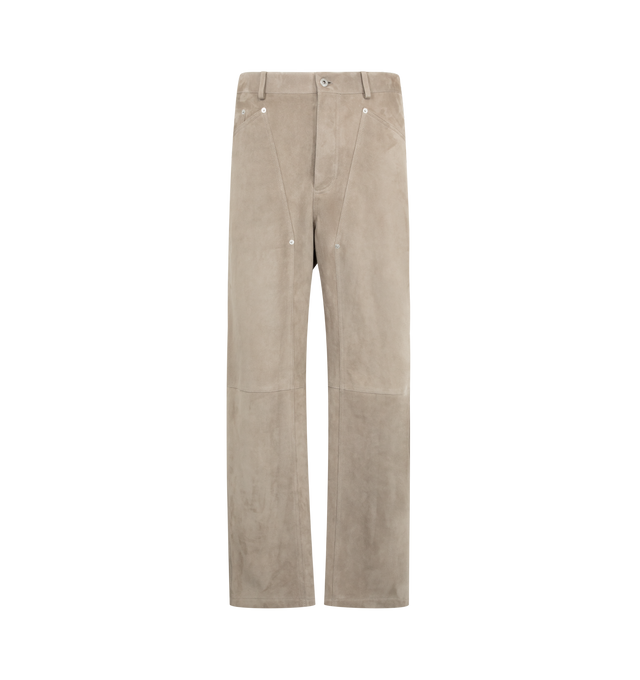 Image 1 of 3 - GREY - Bottega Veneta Mens Straight-Leg Suede Pants are crafted from full-grain suede leather. Feature a straight-leg silhouette, button closure, and half-lined construction. Main Material: Full-Grain Suede Leather. Made in Italy.