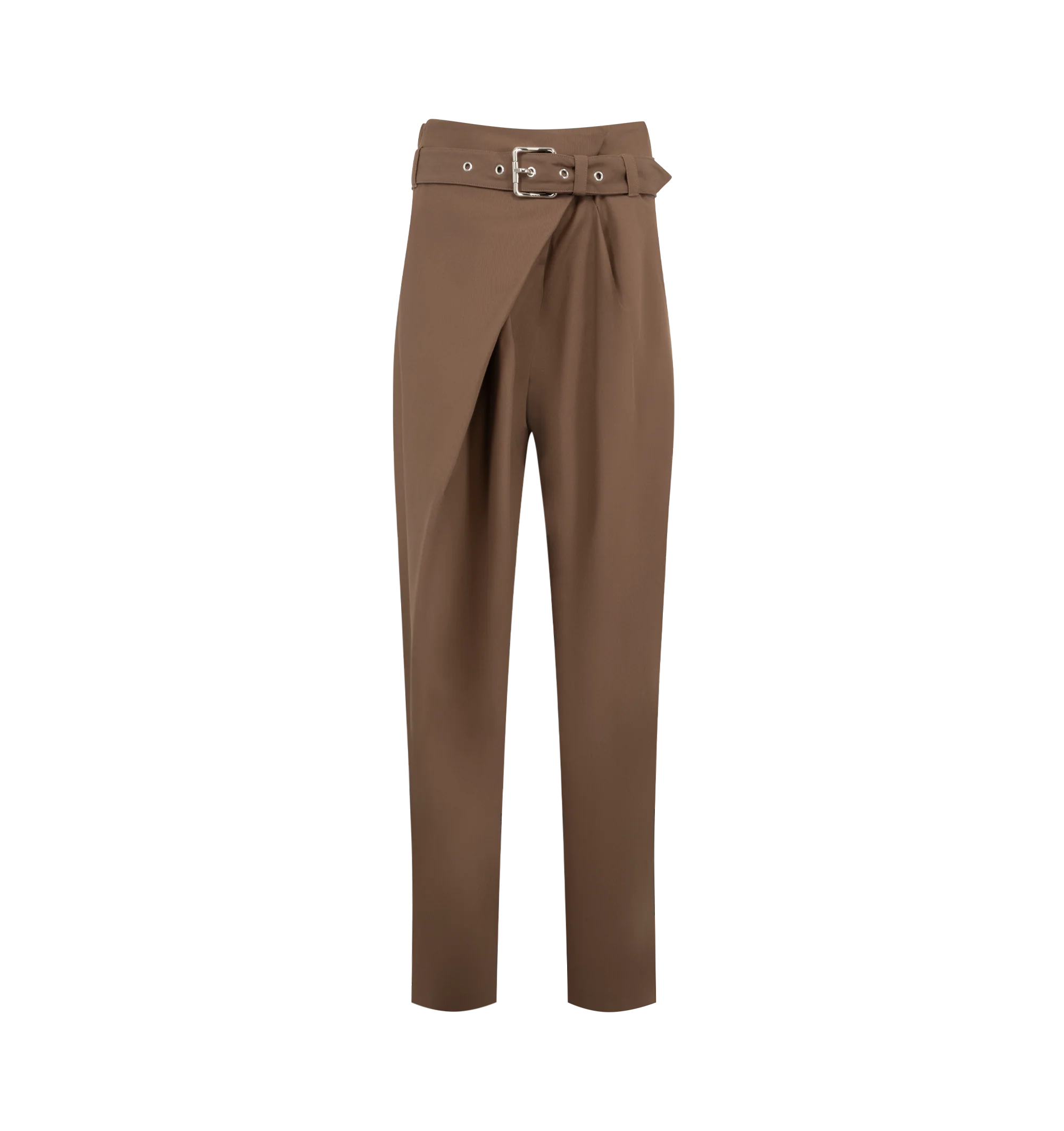 Image 1 of 3 - BROWN - Loewe Women's Trousers are crafted from lightweight cotton utility and feature an asymmetric draped front with a detachable leather-backed buckle belt. Designed with a relaxed, wide-leg silhouette, they are finished with a mid waist, concealed hook-and-button fastening, seam and welt pockets, and a LOEWE-embossed leather and suede patch at the back. Main Material: Cotton. Made in Italy.