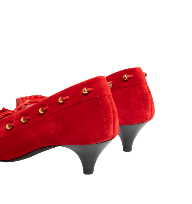 Image 3 of 4 - RED - KHAITE Milly Pump featuring velvety suede, tubular construction, tonal whipstitching and grommeted lacing threaded by hand with gold beads. Lined in suede. 100% calfskin.