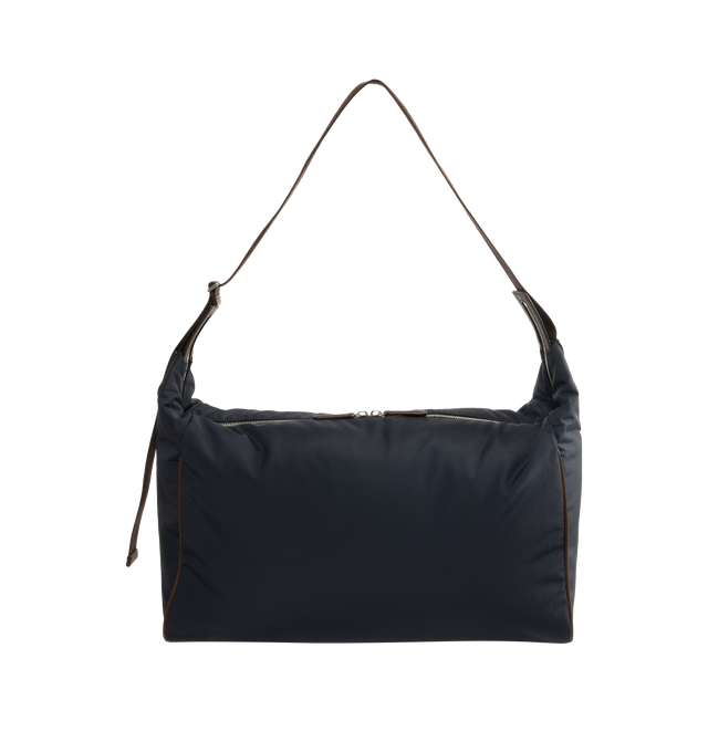 Image 1 of 5 - NAVY - THE ROW E/W Logan Bag featuring contoured shoulder bag in crisp technical nylon with turned-edge construction, woven adjustable flat strap, leather piping, and top zipper closure. 15.75 x 10.63 x 7.48 in. 45% cotton, 25% nylon, 30% calfskin leather. Lined in 56% cotton, 44% nylon. Made in Italy.