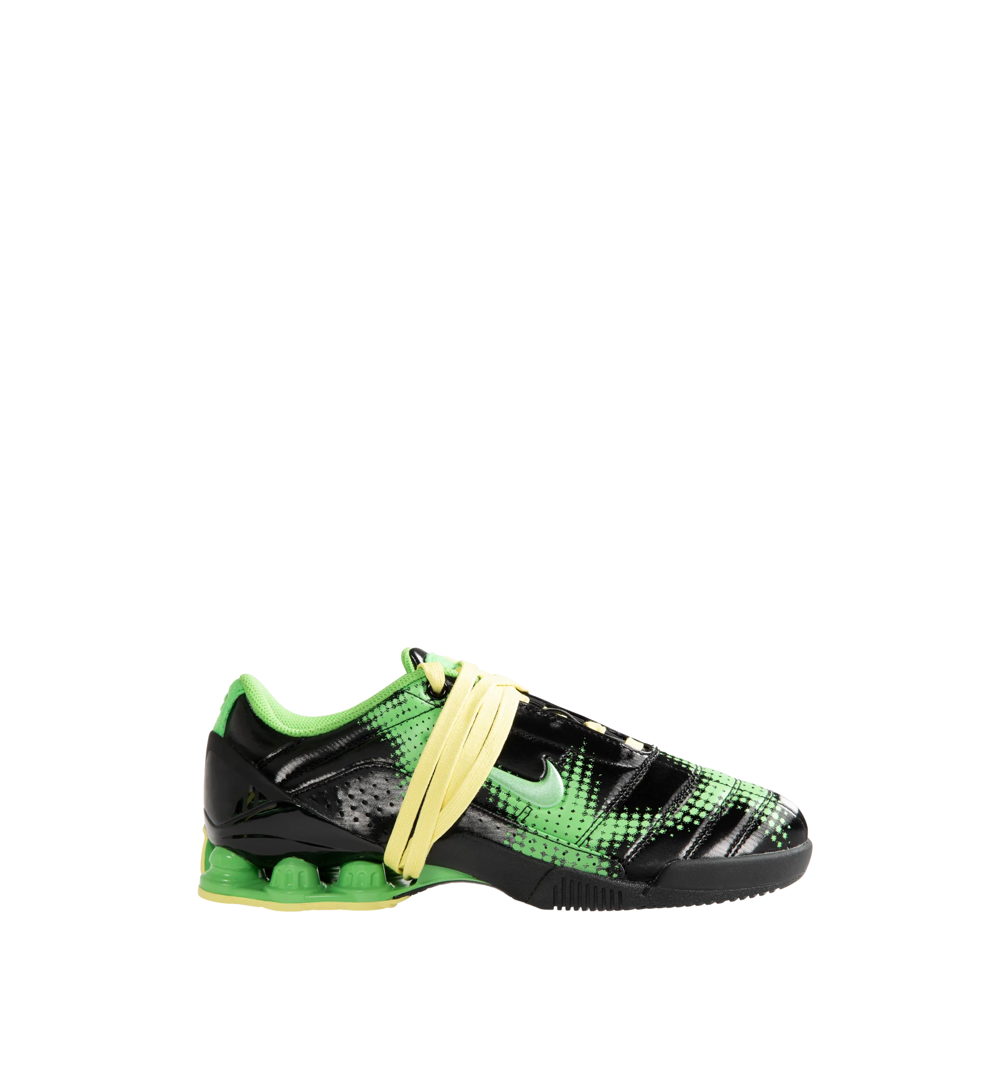 Image 1 of 5 - GREEN - Nike Women's Total 90 Shox Magia Sneakers feature a premium nubuck leather upper with oversized laces and printed graphic detailing, combining the iconic design of the Total 90 with a sleek, tonal finish. Inspired by early-2000s soccer style, these lifestyle sneakers pair signature Nike Shox cushioning with a durable rubber outsole for responsive comfort and everyday wear. Main Material: Nubuck Leather. Midsole: Nike Shox. Sole: Rubber.
