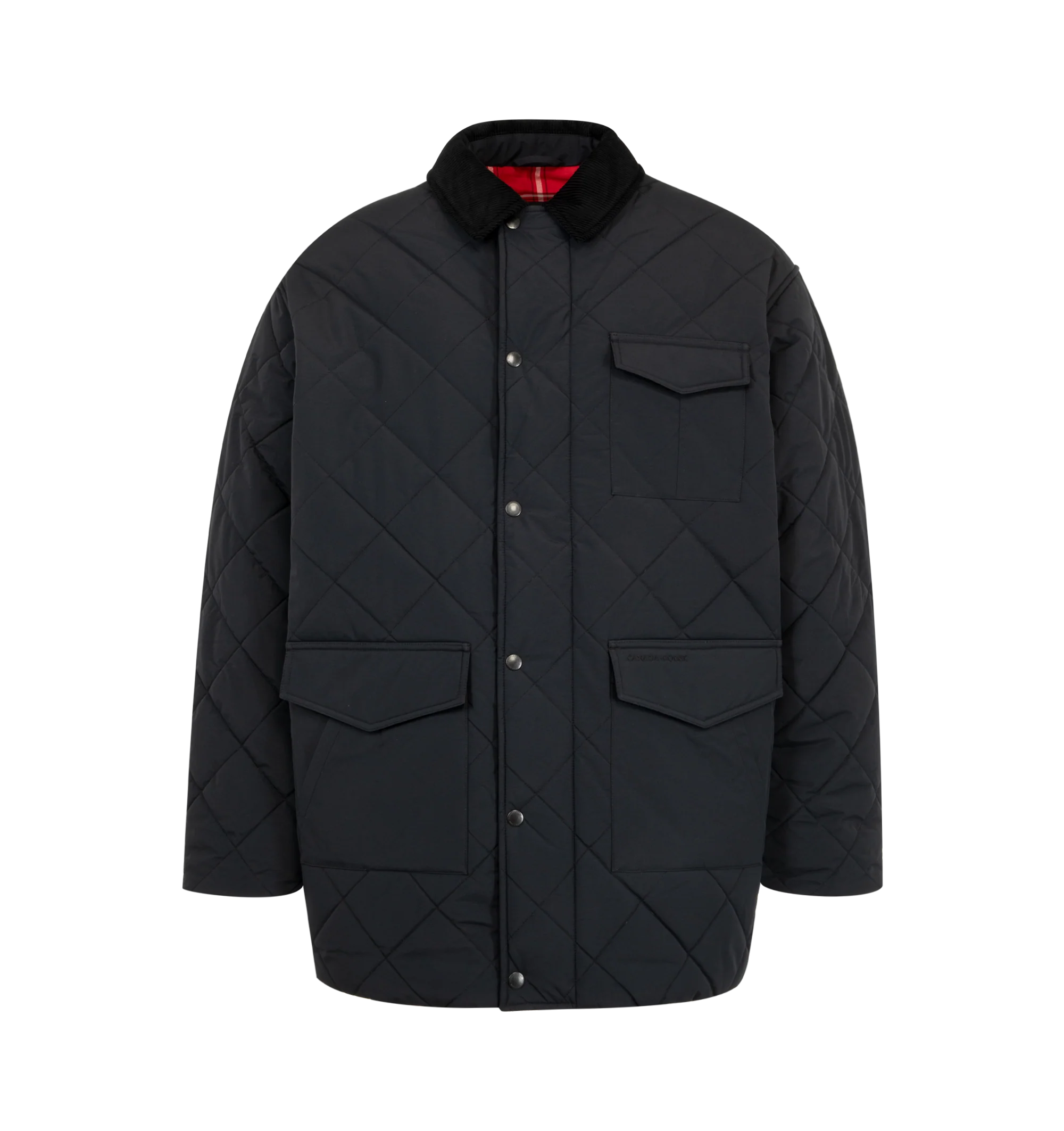 Image 1 of 3 - BLACK - Canada Goose Terra Coat is crafted from durable two-layer woven nylon with windproof and water-repellent properties for protection in cold, changing conditions. Designed with an intentionally oversized fit and mid-thigh length for easy layering and added coverage, this designer coat features contrasting corduroy at the collar and cuffs, a zip-front closure concealed by a snap-button placket, and multiple functional pockets throughout. Main Material: 100% Recycled Polyamide. Fill: 100%