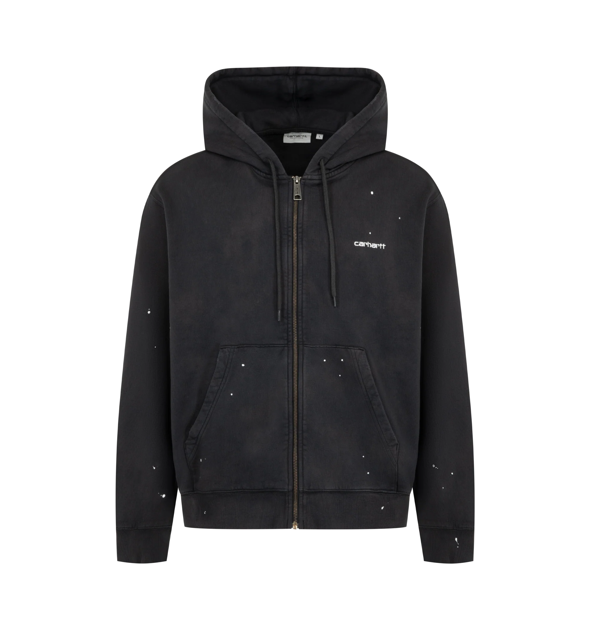 Image 1 of 2 - BLACK - CARHARTT WIP Hooded Painter Jacket featuring heavyweight cotton jersey with a brushed, fleece-like backing, boxy fit, dropped shoulders, ribbed trims, intentionally distressed, worn-in finish with paint accents throughout and an embroidered Script Logo appears on the chest. 100% cotton sweat.