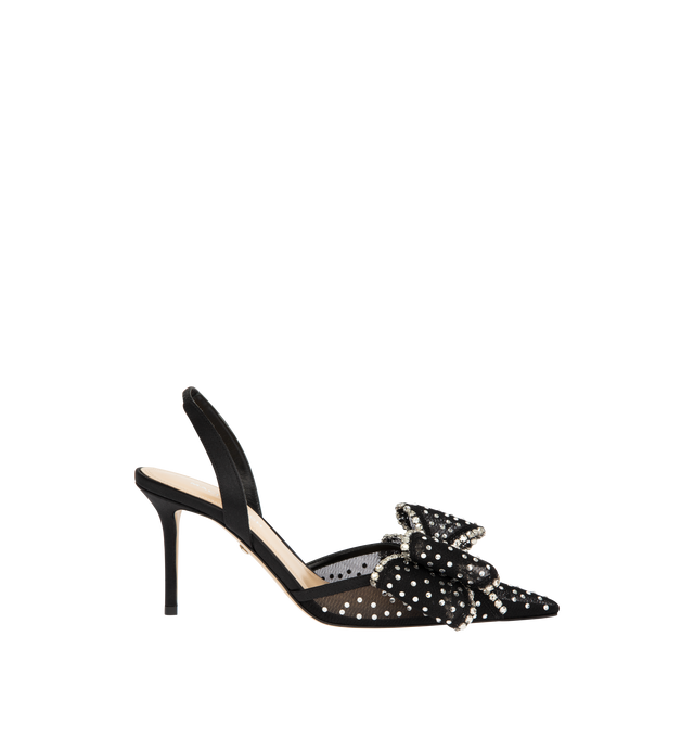 Image 1 of 5 - BLACK - MACH MACH Le Cadeau Crystal Mesh Slingback featuring an elasticated slingback strap, a high stiletto heel, crystal embellishments and bow detailing. The heel height measures 85mm. Made in Italy.