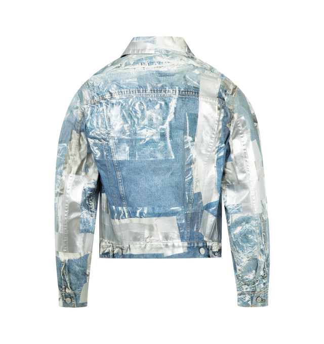 Image 2 of 3 - BLUE - ACNE Trompe-il Denim Jacket featuirng ready-to-dye cotton canvas with a brushed face, trompe-il tape print to mimic mended tears, with additional tape appliqu for texture, branded buttons, chest and side pockets, adjustable waist and sleeve tabs, fitted silhouette with cropped sleeves and waist-length hem. 100% cotton.