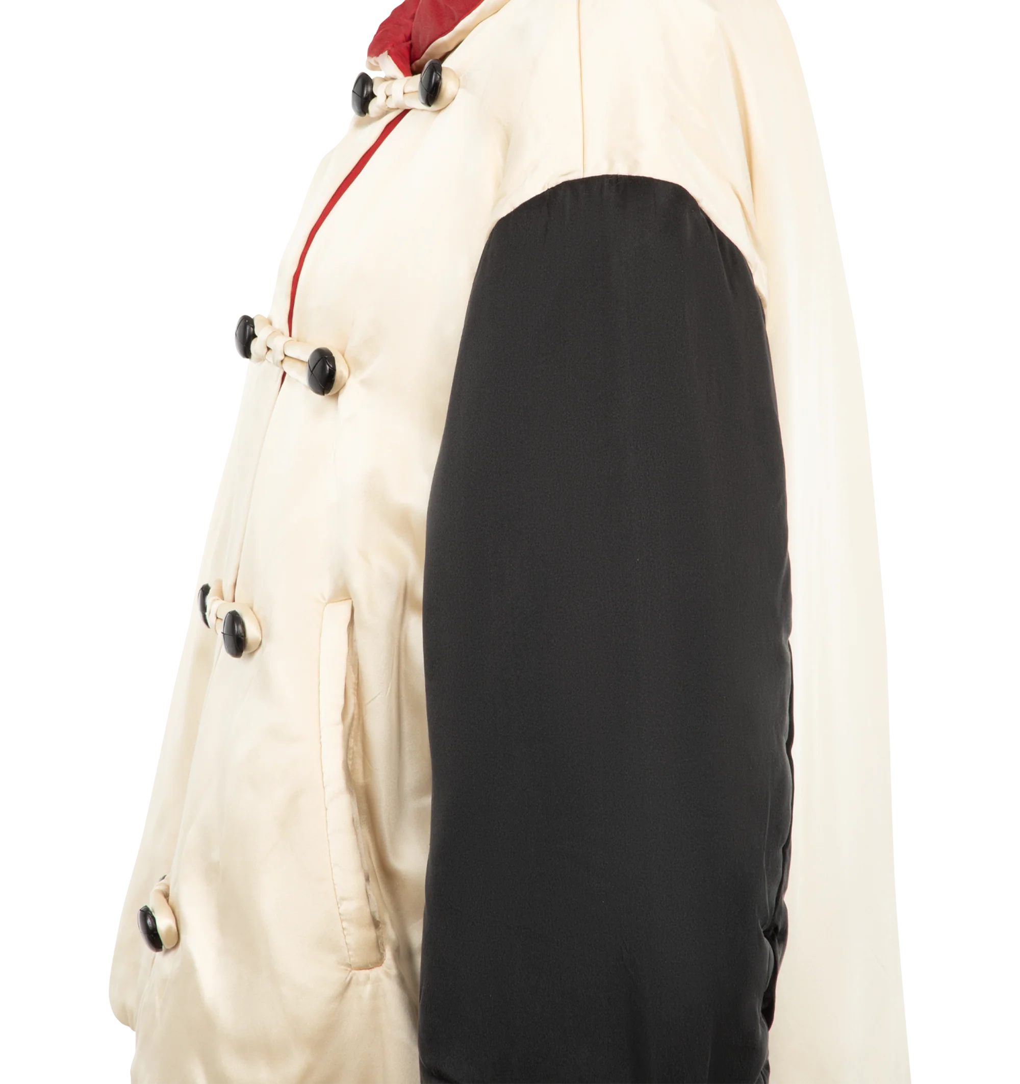 Image 4 of 4 - MULTI - Isabel Marant Bleza Silk Coat is crafted from luxurious 100% silk satin and designed with a reversible quilted construction that offers two distinct looks in champagne and red. Featuring an enveloping oversized fit, a dramatic contrasting shawl collar, and voluminous sleeves.