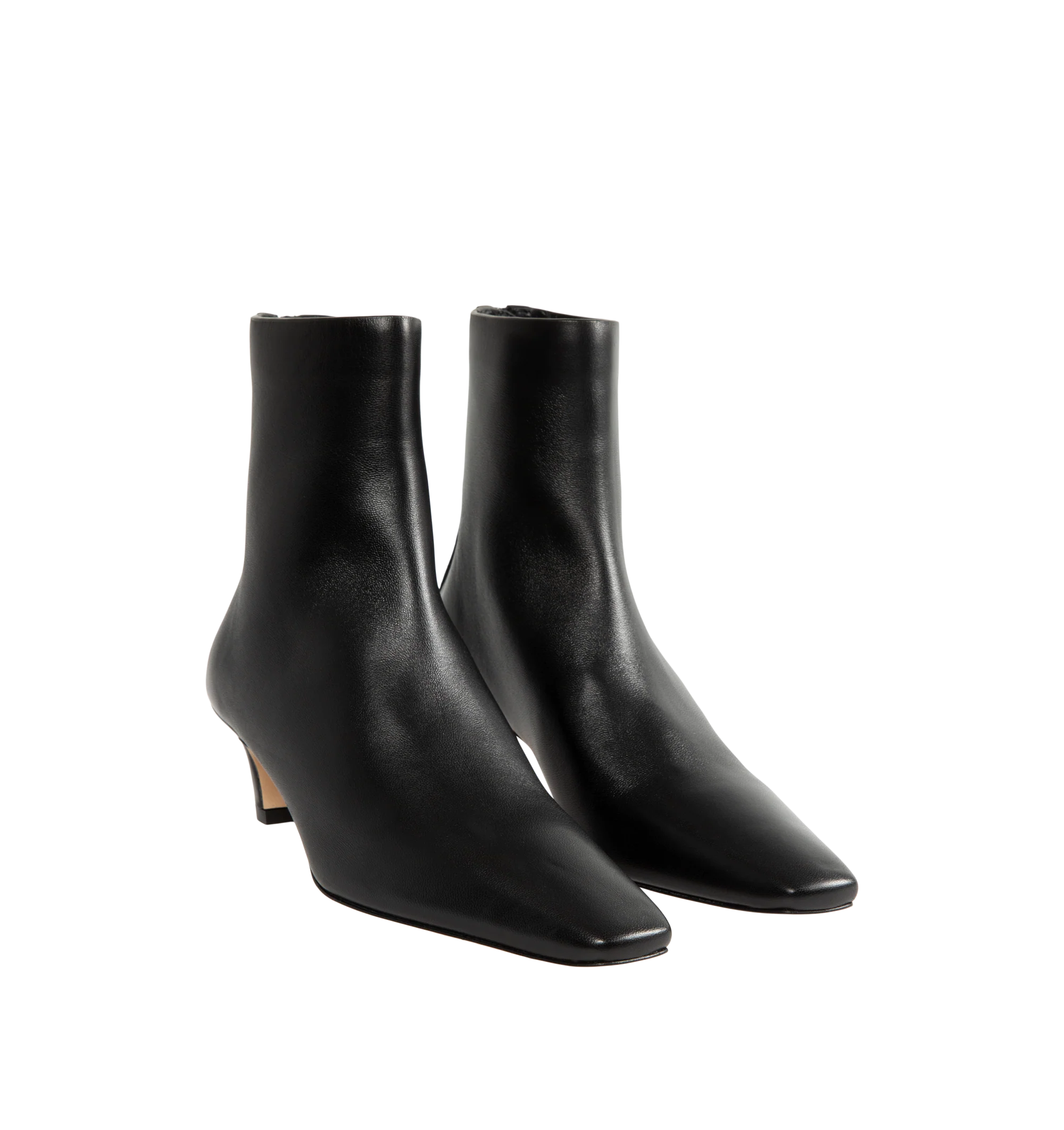 Image 2 of 4 - BLACK - Toteme Women's Nappa Mid Heel Boots are crafted from soft nappa leather and feature a minimalist, unlined construction for a second-skin fit. Designed with a sleek silhouette, they are finished with a squared pointed toe, a slanted 55mm heel, and a branded back zip fastening. Main Material: Goat Skin Leather. Lining: Sheepskin. Sole: Calf Leather. Heel Height: 55mm. Made in Italy.