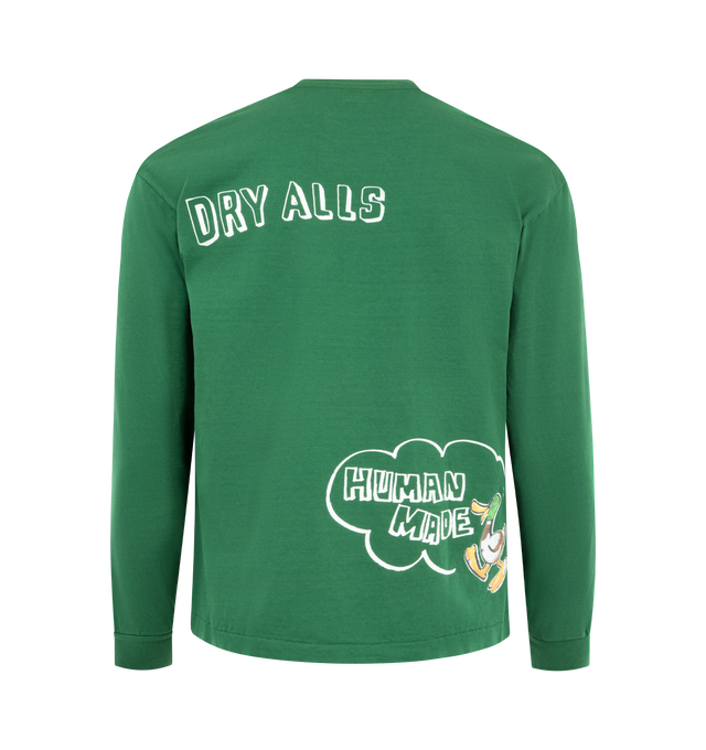 Image 2 of 2 - GREEN - HUMAN MADE Graphic Shirt featuring long sleeves, a boxy silhouette, Heart logo patch on the left chest and printed graphics on the back. 100% cotton.