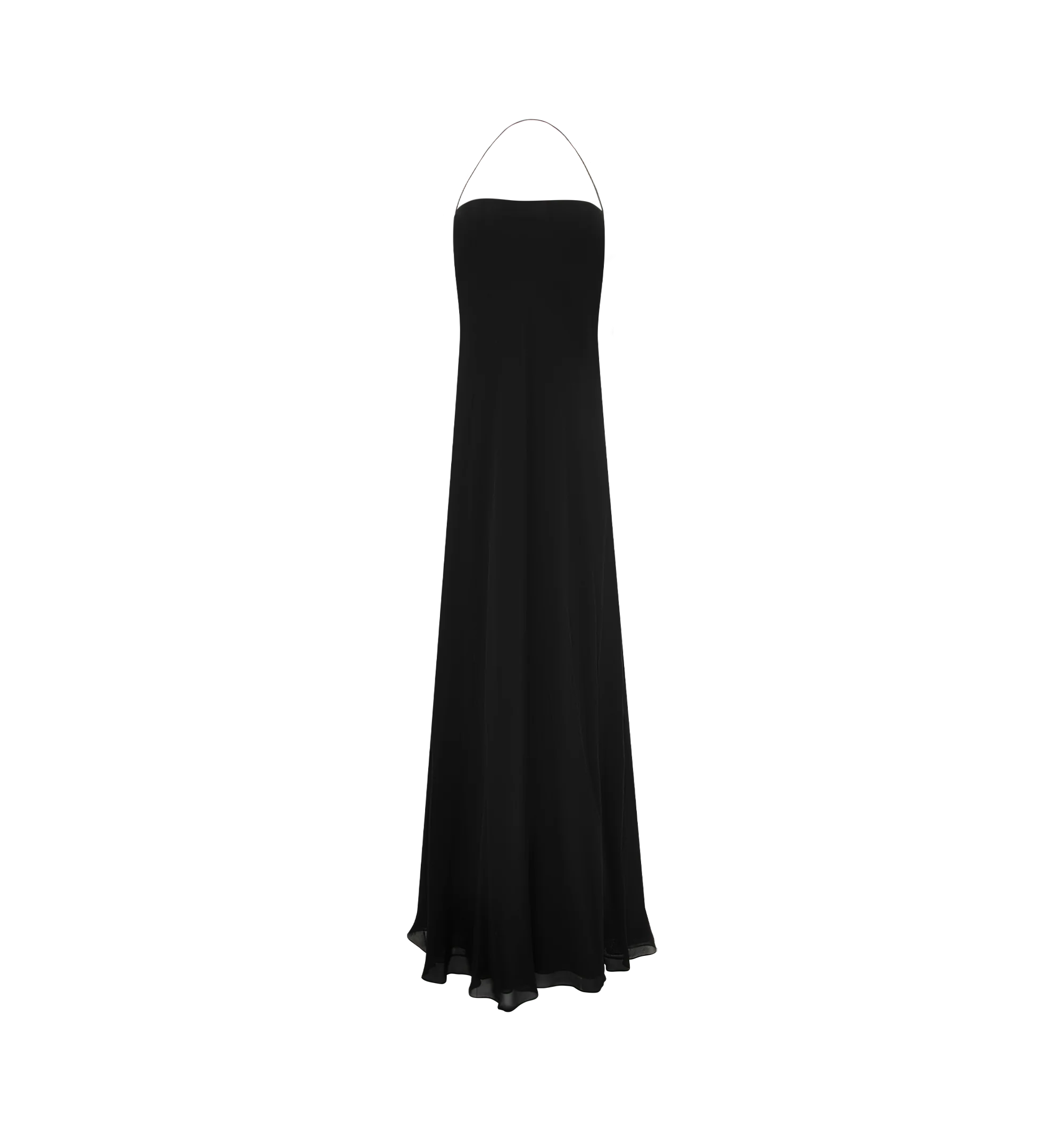 Image 1 of 4 - BLACK - The Row Women's Javier Dress is crafted from lightweight silk georgette and features a bias-cut silhouette with a fitted waist, flared hem, and a squared neckline accented by a slim halter strap. This designer silk dress combines exceptional Italian craftsmanship with an airy, fluid drape, creating an effortlessly elegant silhouette for day-to-evening occasions. Main Material: 100% Silk. Made in Italy.