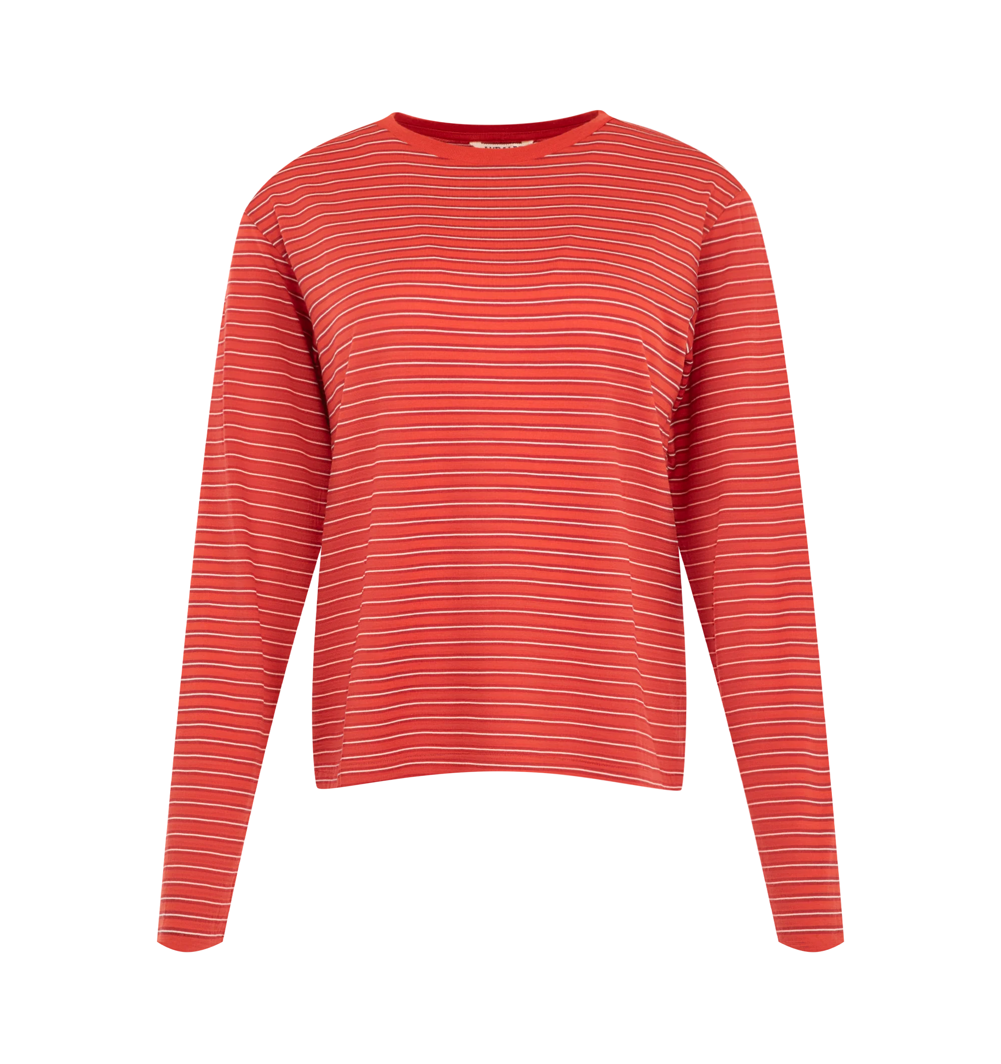 Image 1 of 2 - RED - Auralee Women's Soft Smooth Wool Stripe Long-Sleeve T-Shirt is crafted from 15.5-micron merino wool jersey and features a multicolored striped design. The fabric has a natural sheen with an exceptionally smooth, soft, and fluid hand. Cut in a regular fit. Main Material: 100% Wool.