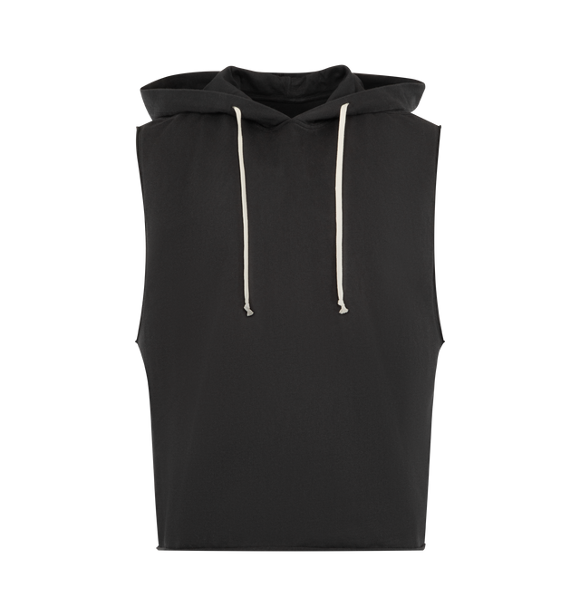 Image 1 of 2 - BLUE - DRKSHDW Hooded Tunic featuring compact cotton jersey, garment dyed, oversized hood with drawstrings, sleeveless, raw-edge armholes, side hanging fabric strap and raw-edge hem. 100% cotton. Made in Italy.