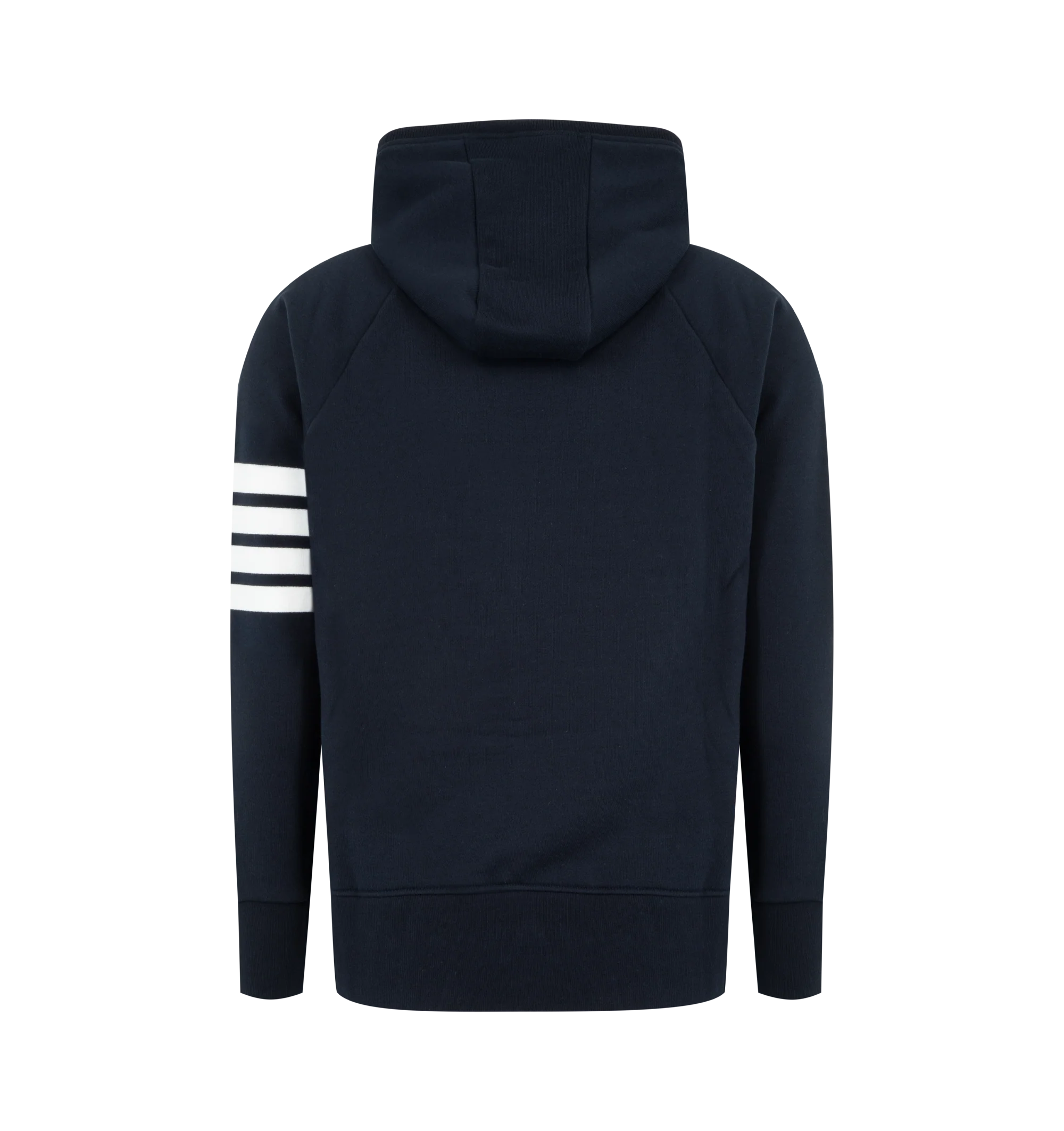 Image 2 of 2 - NAVY - THOM BROWNE Classic Loopback 4-Bar Full Zip Hoodie featuring iconic 4-Bar detailing, brass 2-way zip closure, integrated hood with stripe trim and kangaroo front pocket with name tag applique. 100% cotton. Made in Japan.