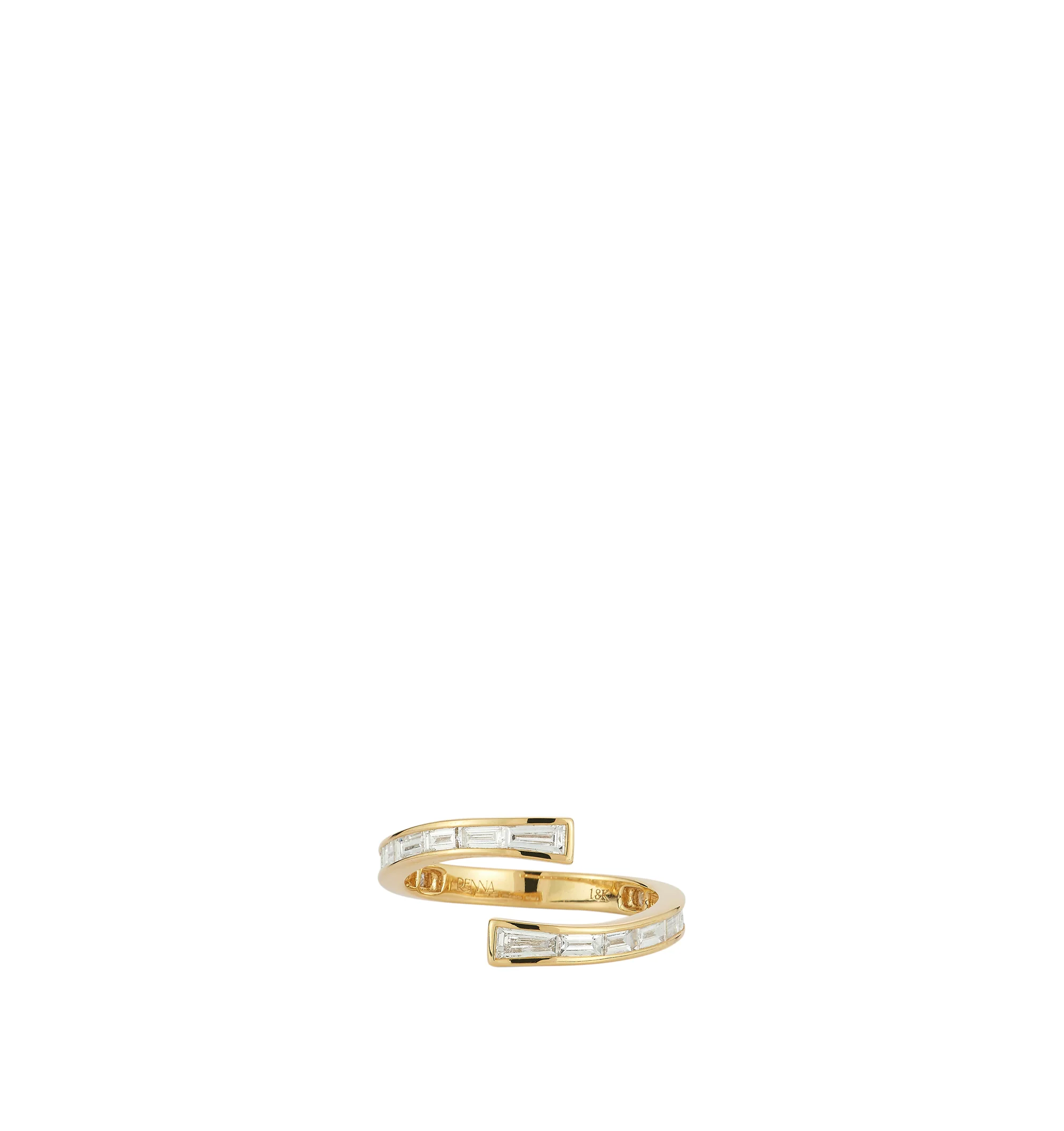 Image 1 of 2 - GOLD - Renna Equator Open Wave Ring is crafted in 18K gold and features a sleek open-band silhouette set with baguette-cut diamonds that elegantly wrap around the finger. Defined by its fluid, contemporary shape and geometric diamond setting, this fine jewelry ring showcases. Main Material: 18K Gold. Gemstones: Baguette-Cut Diamonds. Total Diamond Weight: Approximately 0.81 TCW for Size 6.For personal consultation and detailed information about jewelry, please contact our dedicated stylist te