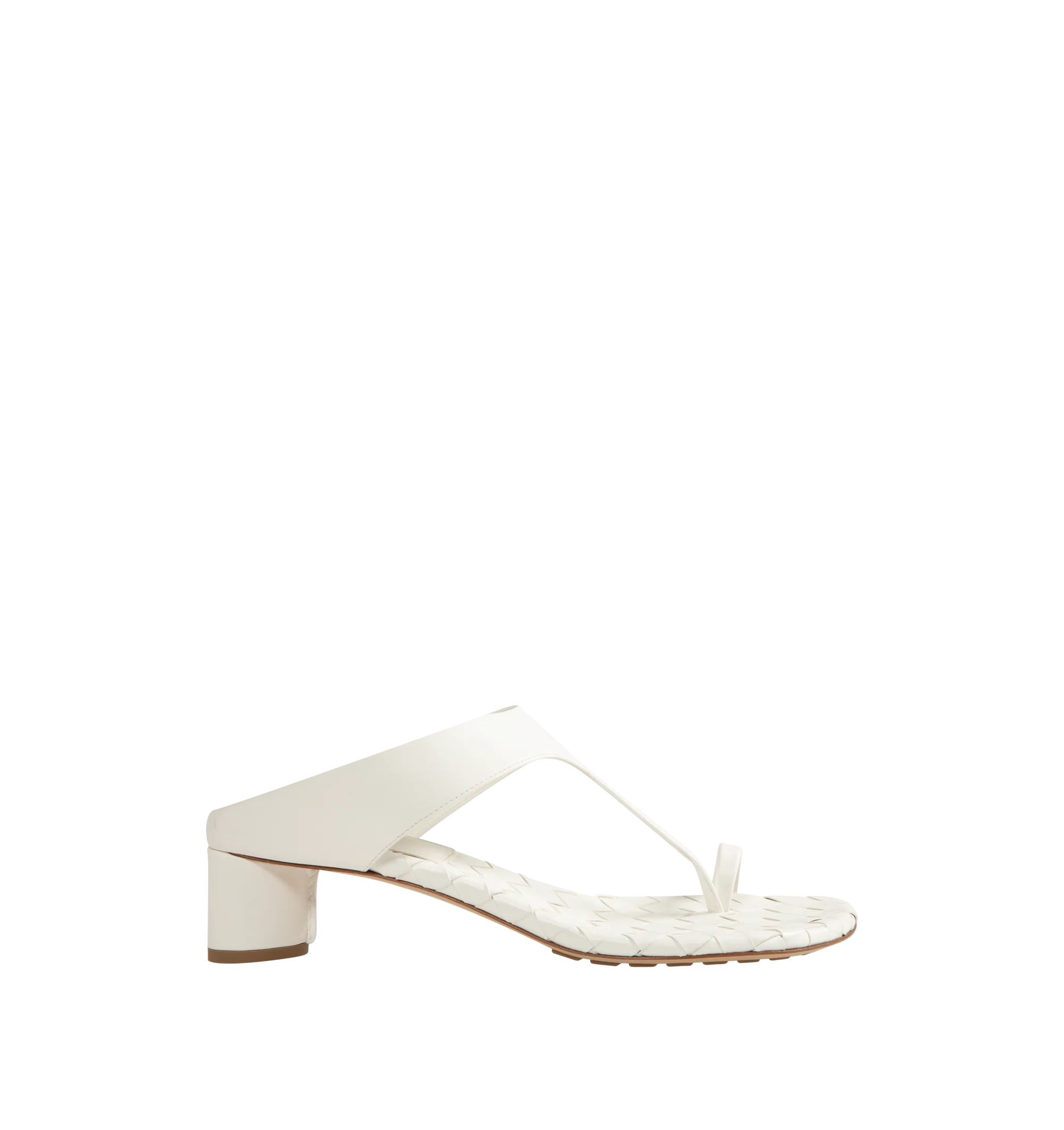 Image 1 of 4 - WHITE - Bottega Veneta Womens Kitten Heel Thong Sandals are crafted from nappa leather. Feature a toe-ring leather strap, Intrecciato leather insole, lambskin lining, kitten heel, and rubber-injected leather outsole. Upper: Nappa Leather; Lining: Lambskin; Outsole: Rubber-Injected Leather. Made in Italy.