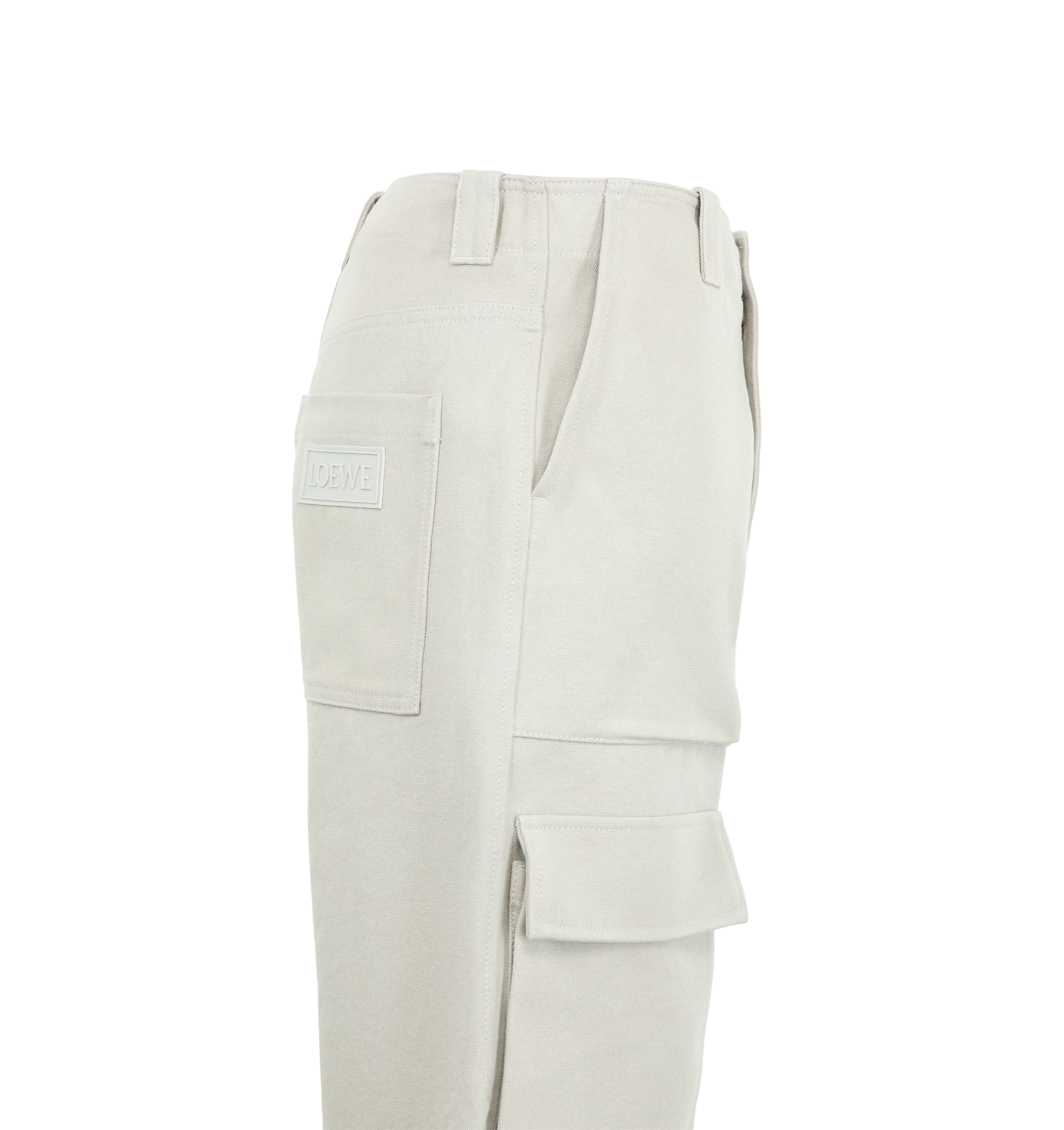 Image 3 of 3 - GREY - Loewe Men's Cargo Trousers are crafted from medium-weight grey cotton canvas and feature a regular fit with a mid-rise waist, straight leg, and regular length. Wire-trimmed flap pockets, slash pockets, rear patch pockets, a hammer loop, and a concealed zip fly define the utility-inspired design, while a Loewe rubber patch accents the rear pocket. Main Material: Cotton. Made in Italy.