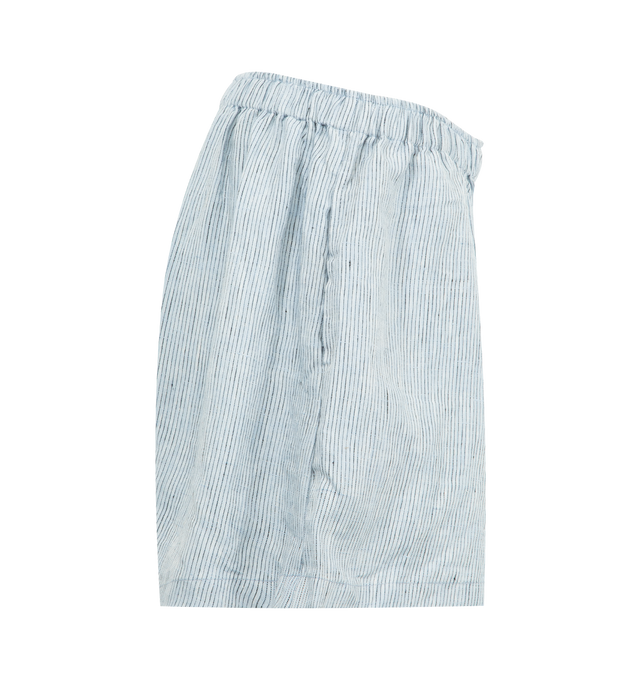 Image 6 of 6 - BLUE - DEIJI STUDIOS 03 Set featuring an oversized box fit linen shirt with wide arms and a front pocket designed to sit mid rise, the loose fitting boxer style shorts have a faux button down fly and an elastic waist for extra comfort. 100% GOTS certified organic, OEKO-TEX 100 certified and EU certified stone washed french linen.