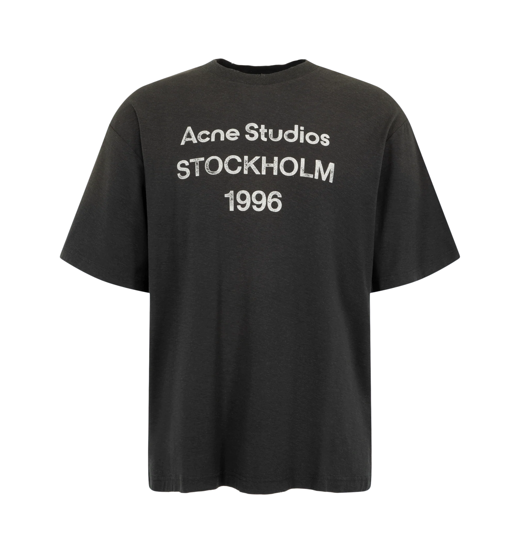 Image 1 of 2 - BLACK - Acne Studios Men's Sprayed Logo T-Shirt is crafted from an organic cotton and hemp blend jersey with an irregular surface and features a relaxed unisex silhouette with a hip-length fit. Designed with a vintage-inspired sprayed finish, distressed ribbed trim, and the signature Acne Studios 1996 stamp logo at the front for a worn-in aesthetic. Main Material: 85% Organic Cotton, 15% True Hemp.