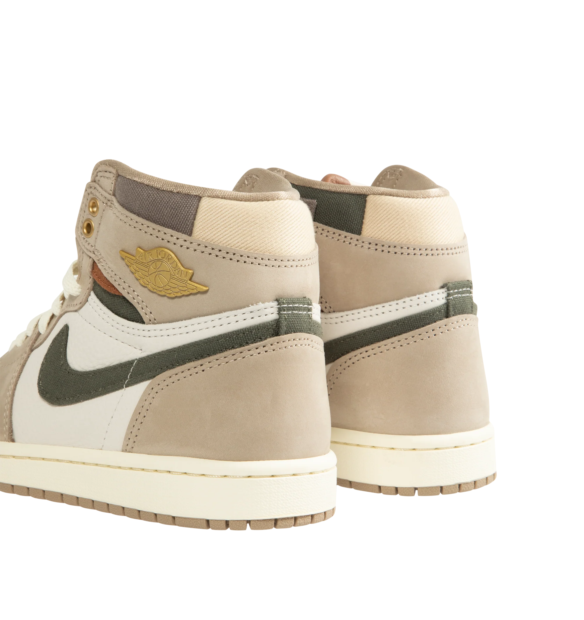 Image 3 of 5 - NEUTRAL - Women's Air Jordan 1 Retro High OG Sneakers feature a premium leather upper with suede overlays, a high-top silhouette, and signature Air Jordan Wings branding for a timeless heritage look. These lifestyle sneakers combine encapsulated Air-Sole cushioning, a perforated toe box, and a durable rubber outsole for lightweight comfort, breathable support, and reliable traction on and off the court. Main Material: Genuine Leather and Suede. Midsole: Encapsulated Air-Sole Unit. Sole: Rubbe
