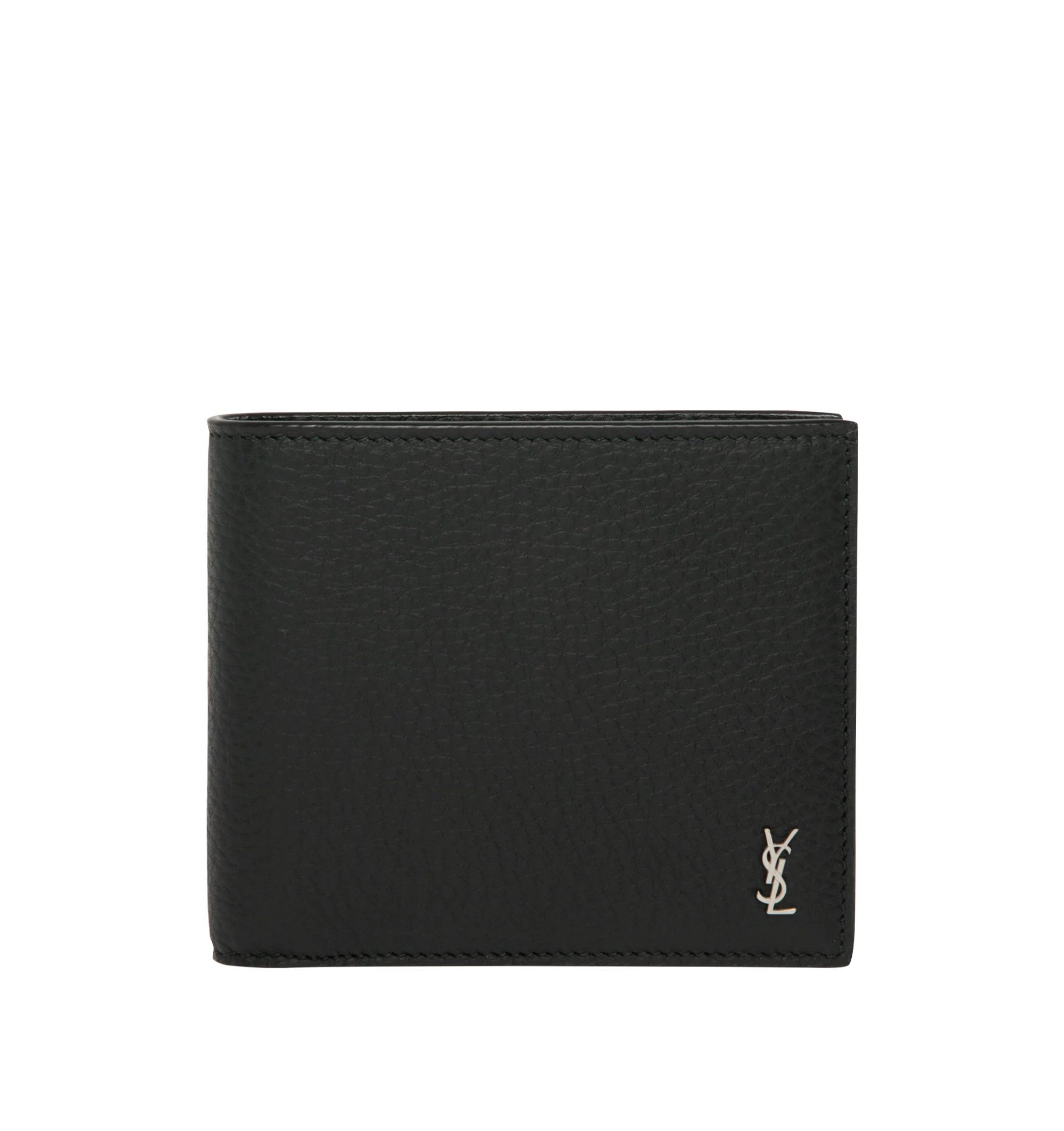 Image 1 of 3 - GREEN - Saint Laurent Mens Wallet is crafted from black leather. Features a classic bifold silhouette, interior card slots and bill compartment, silver-tone hardware, and embossed Saint Laurent logo. Main Material: 100% Leather. Made in Italy.