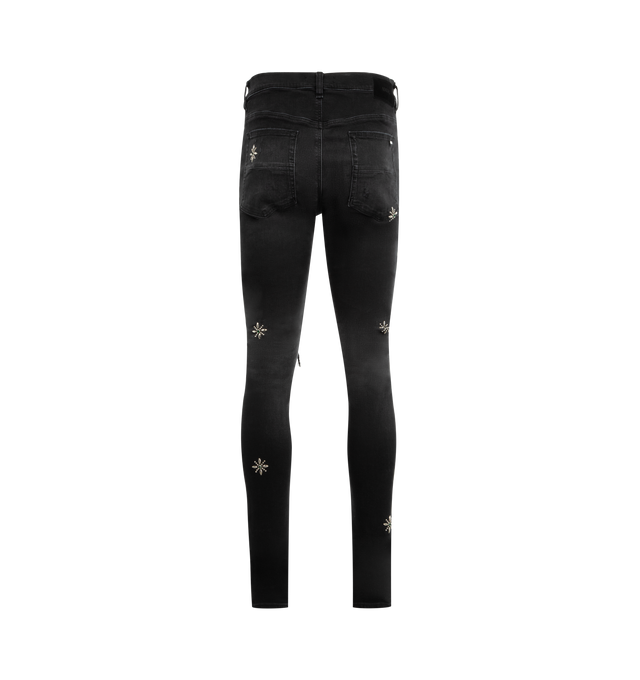 Image 2 of 3 - BLACK - AMIRI Stud MX1 Jean featuring stretch denim, stud detailing, hand-distressed, repaired with pleated ultrasuede, and finished with classic five-pocket detailing. 92% cotton, 6% elastomultiester, 2% elastane.