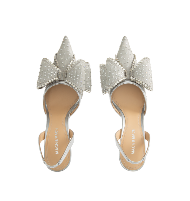Image 5 of 5 - SILVER - MACH MACH Le Cadeau Crystal Mesh Slingback featuring an elasticated slingback strap, a high stiletto heel, crystal embellishments and bow detailing. The heel height measures 85mm. Made in Italy.