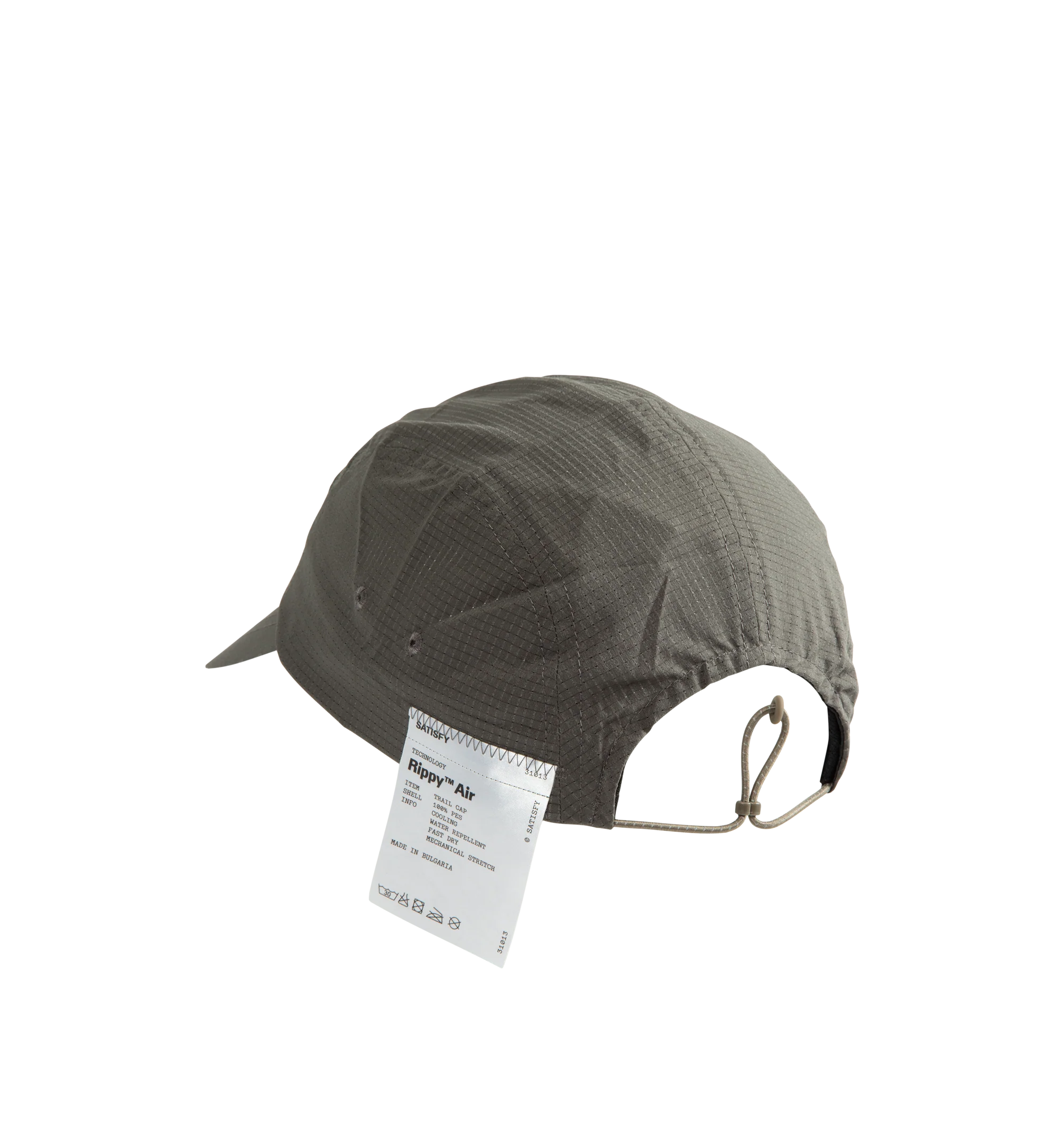 Image 2 of 2 - GREY - Satisfy Unisex Rippy Air Trail Cap is crafted from Japanese-developed Rippy material that is ultra lightweight, breathable, water-repellent, fast-drying, and odor-resistant . An adjustable bungee fit system delivers a secure fit, while the short brim and packable construction make it ideal for running in changing conditions. Main Material: Rippy Air / Origin Japan- 100% Polyester. Unisex style in men's sizing.