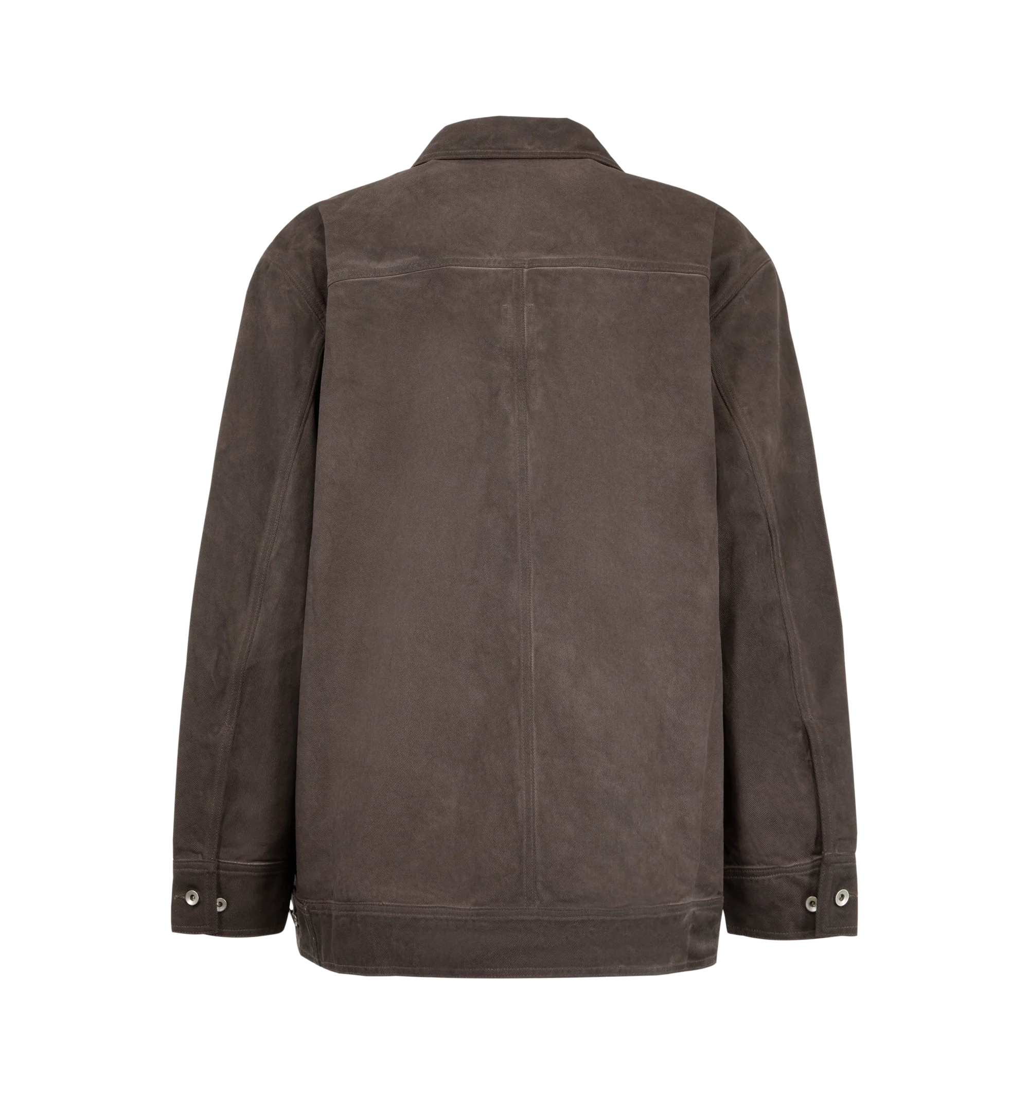 Image 2 of 2 - BROWN - Rick Owens DRKSHDW Men's Jumbo Worker Jacket is crafted from cotton denim and features an oversized workwear-inspired silhouette with a classic collar and button-front closure. Designed with long sleeves, buttoned cuffs, side pockets, and a straight hem that reinforces the labes utilitarian aesthetic. Main Material: 100% Cotton.