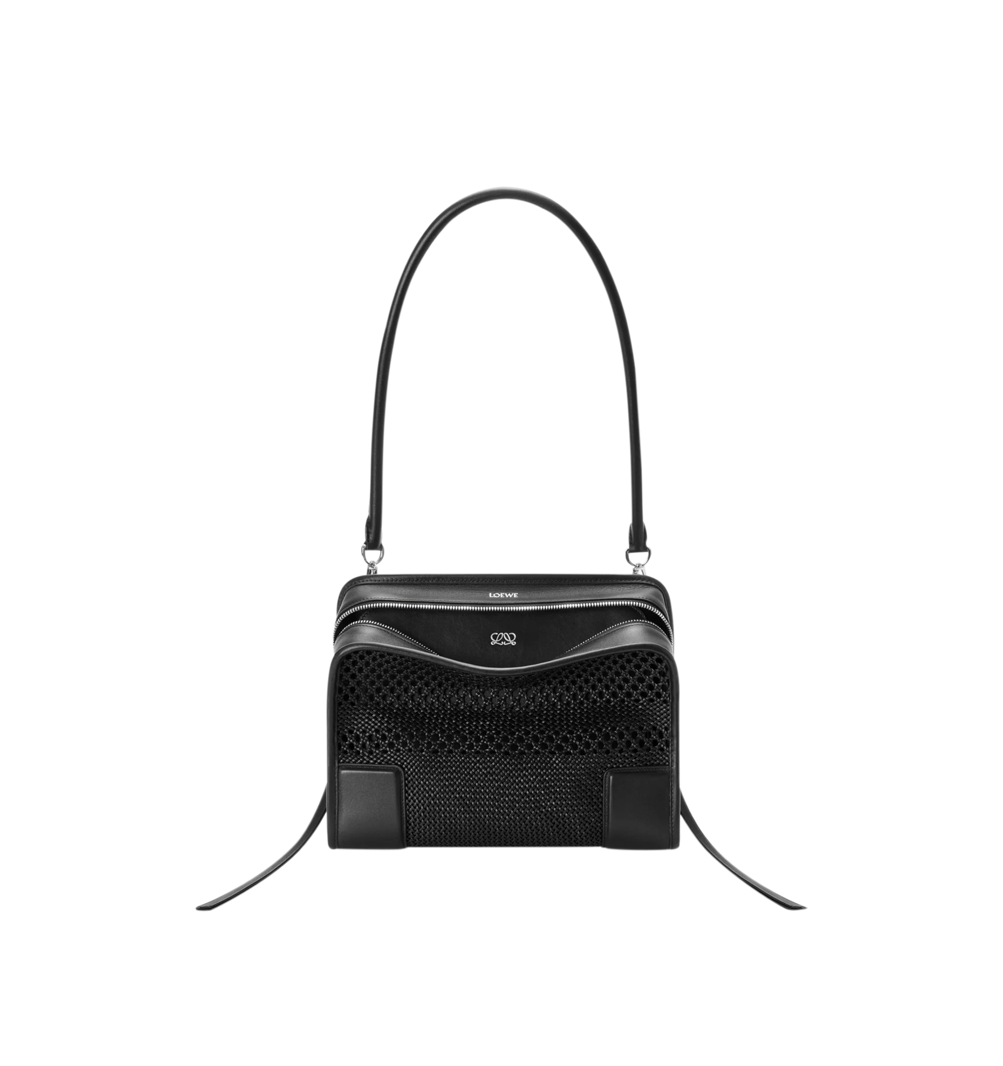 Image 7 of 14 - BLACK - Loewe Women's Medium Amazona 180 Bag is crafted from woven nappa calfskin and features a relaxed silhouette inspired by one of the house's iconic designs. Designed with a single Toron top handle and removable shoulder strap, it can be carried by hand, over the shoulder, or crossbody. A concealed magnetic closure, zip fastening with dual leather pullers, two compartments, an internal flat pocket, and a side D-ring provide functional organization. Finished with palladium-tone hardware,