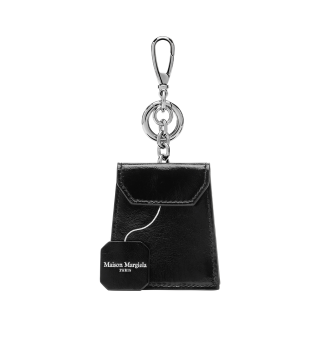 Image 1 of 2 - BLACK - MAISON MARGIELA Coin Case featuring wrinkled glossy leather, snap button closure, four stitches at the back and keyring and carabiner attachment at the back. 100% calf leather. Inside: 50% polyamide-nylon, 50% polyurethane. Made in Italy.