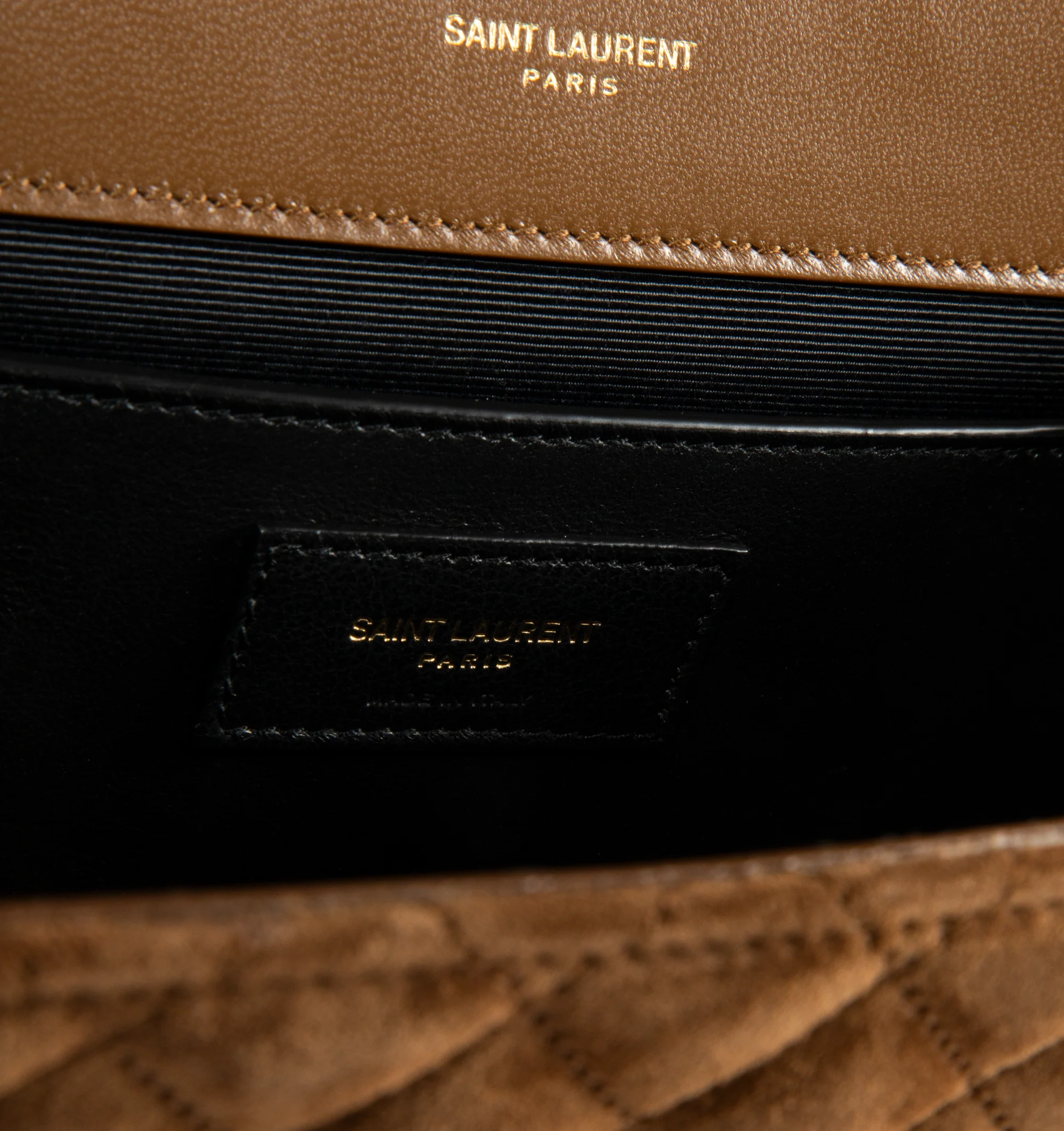 Image 4 of 4 - BROWN - Saint Laurent Leather Envelope Medium Chain Bag features a magnetic snap closure, one main compartment, one flat interior pocket, and one flat pocket at the back for additional storage. Dimensions: 9.4 X 6.8 X 2.3 inches. Main materials: Calfskin Leather, brass harware. Made in Italy.  
